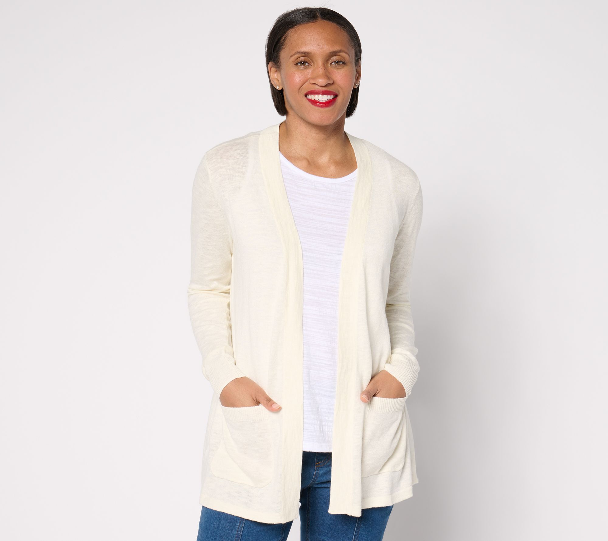 "As Is" Denim & Co. Beach Petite Open Front Tunic Cardigan