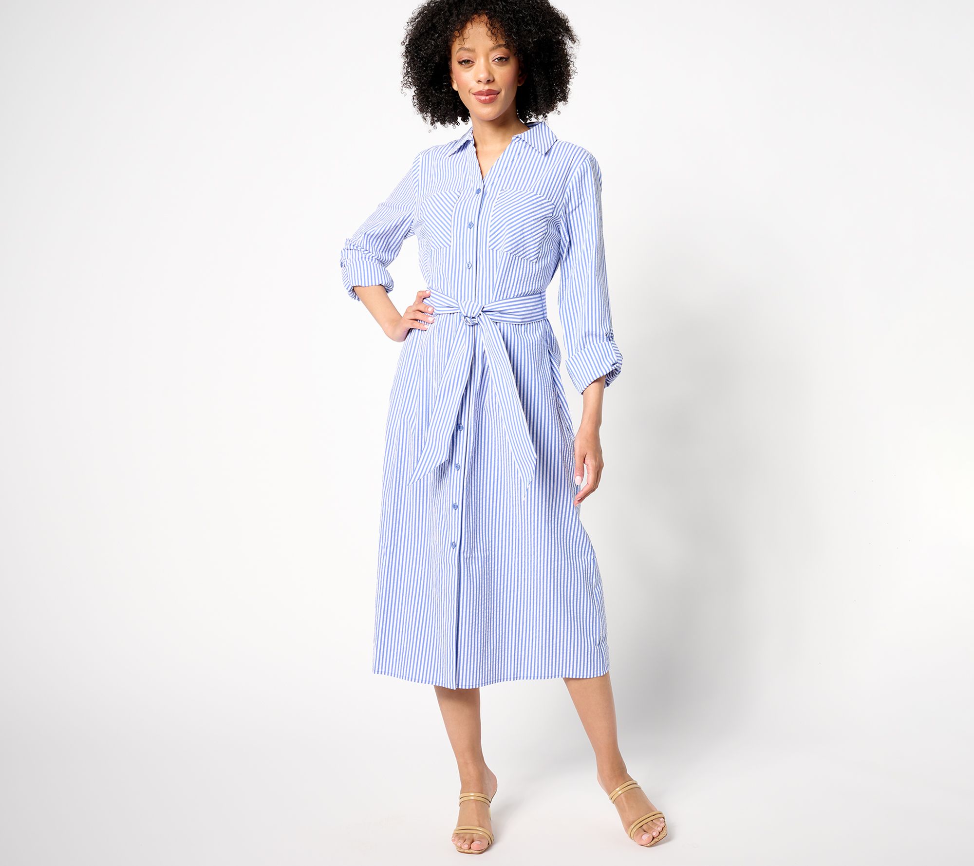 "As Is" Joan Rivers Reg Stretch Seersucker Midi Dress