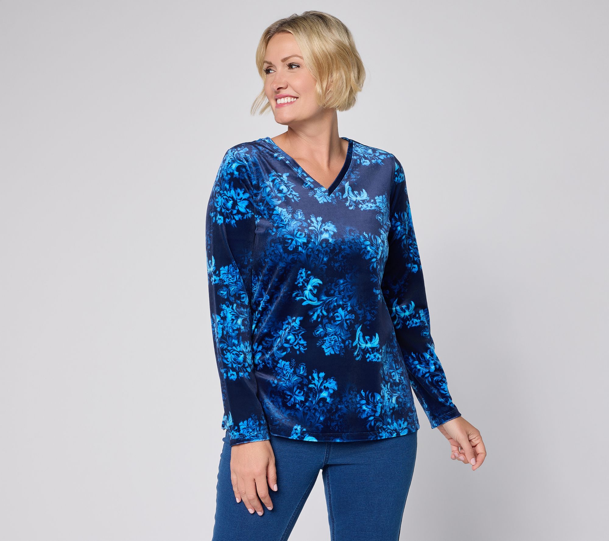 Denim & Co. Printed Knit Velvet V-Neck Top