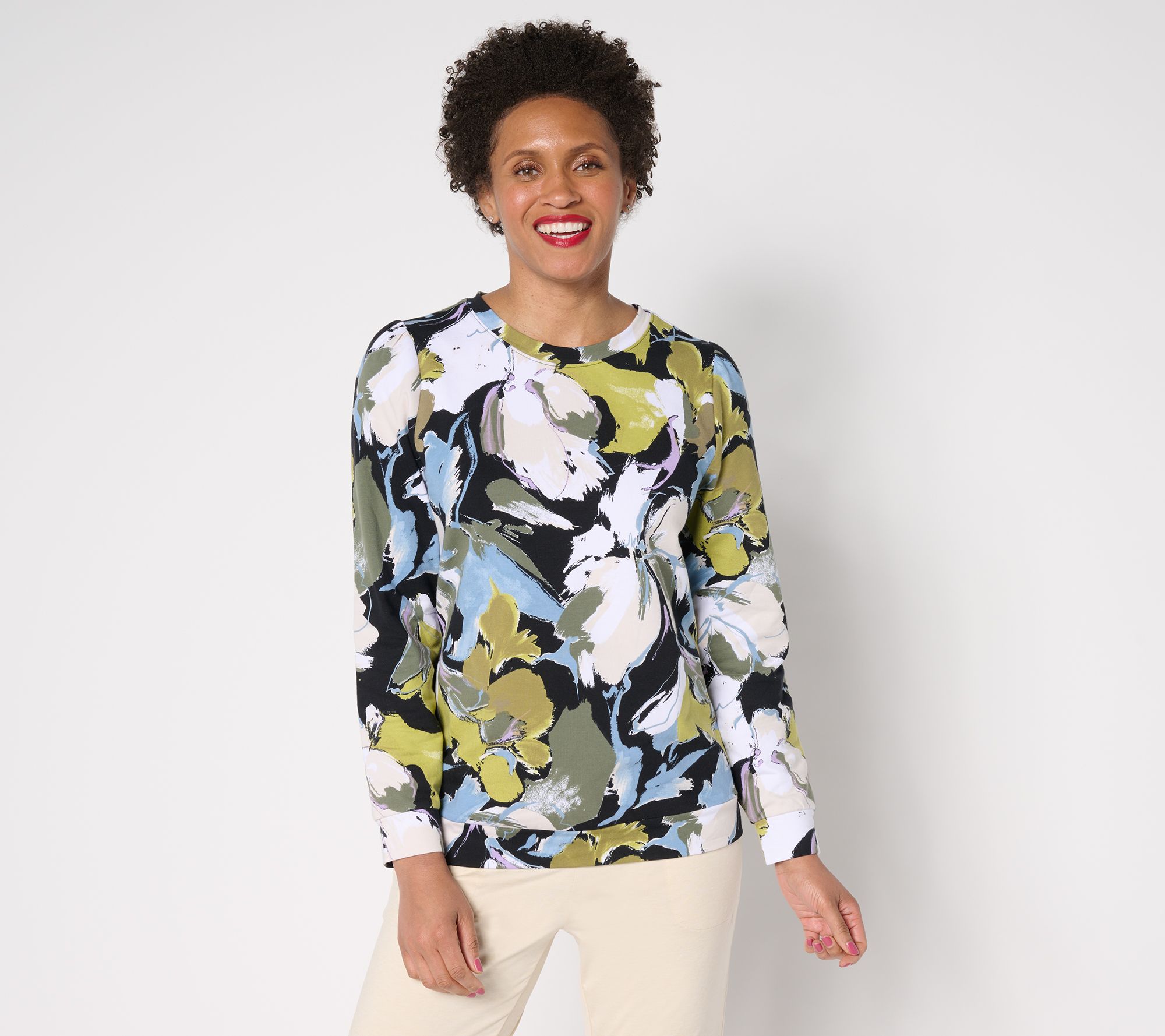 "As Is" Denim & Co. Active Floral or Ombre French Terry Pullover