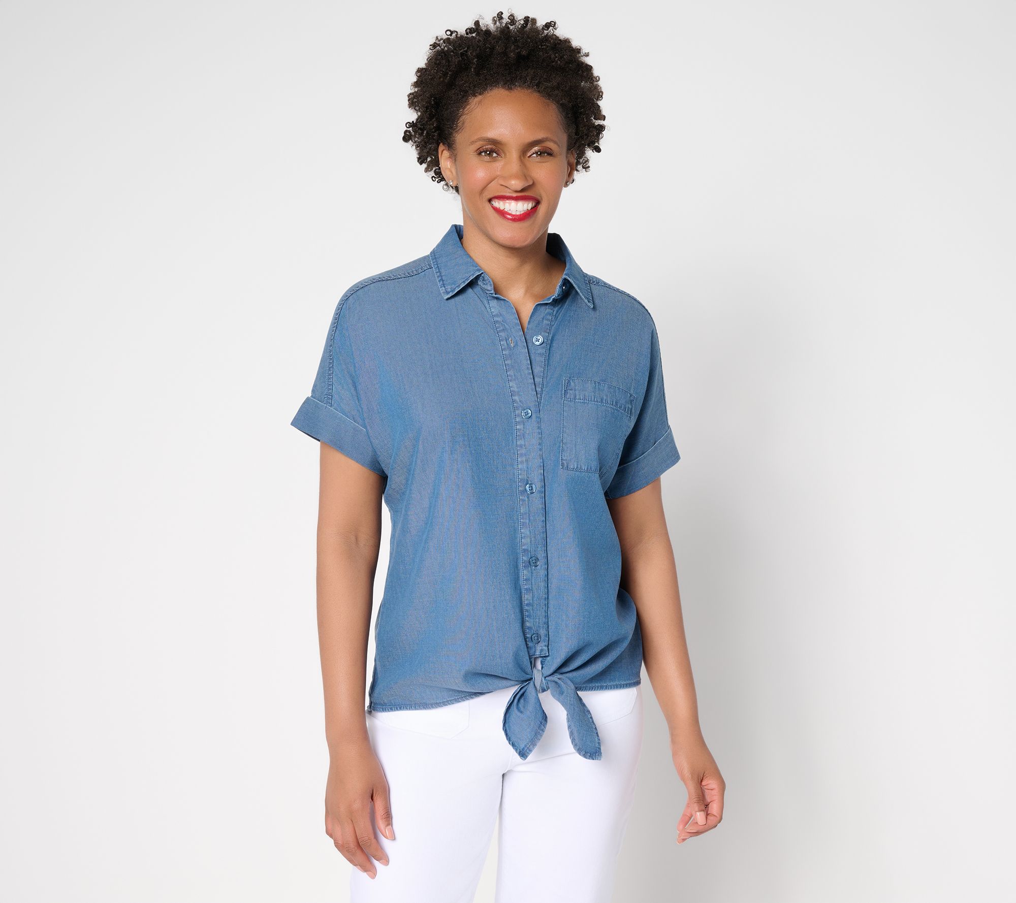 "As Is" Joan Rivers Dolman Sleeve Self-Tie Button Front Shirt