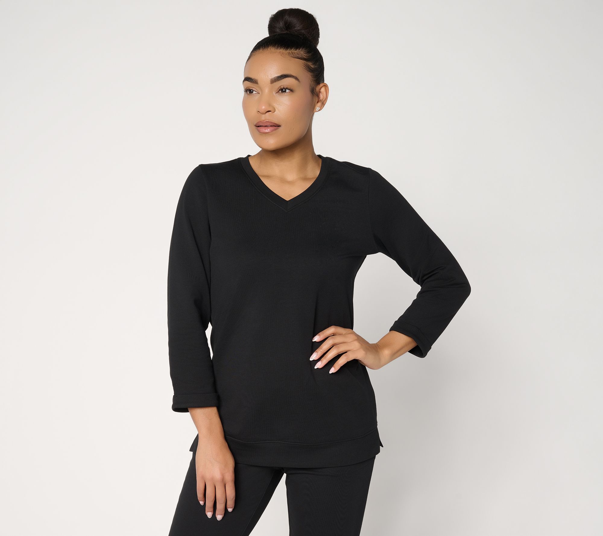 Denim & Co. EasyWear French Terry Long Sleeve V-Neck Top