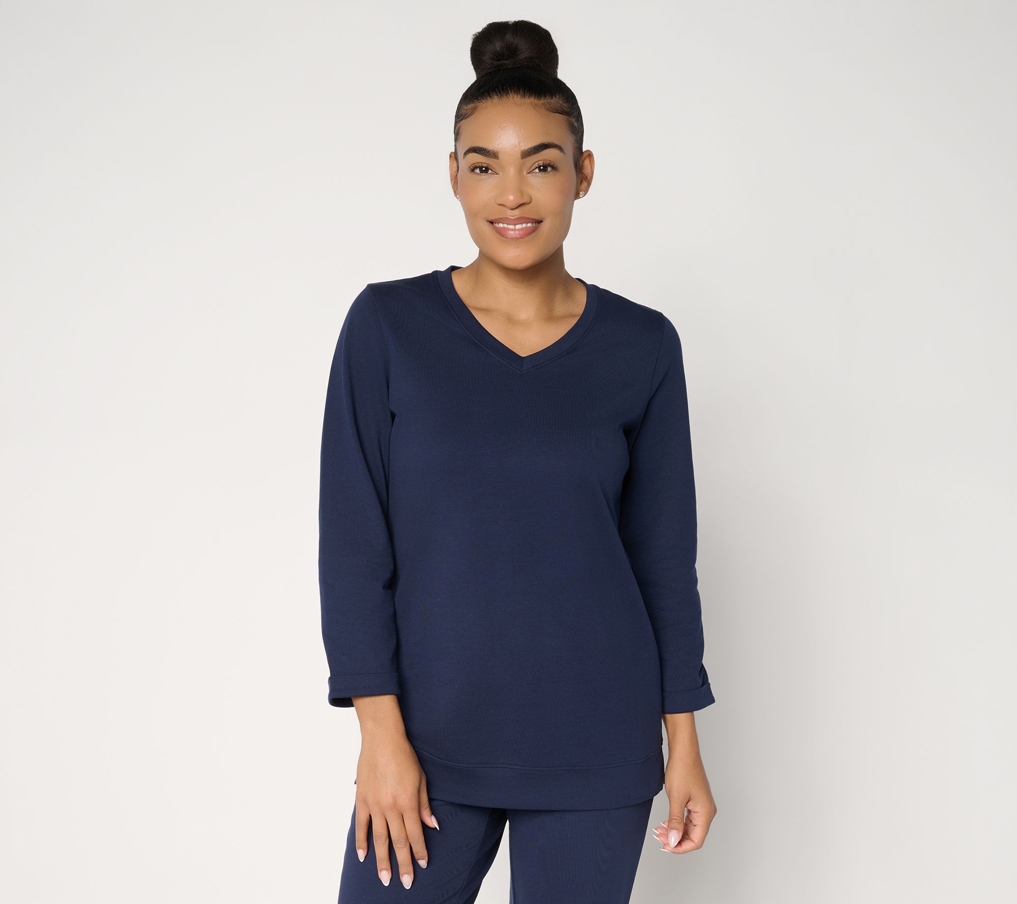 Denim & Co. EasyWear French Terry Long Sleeve V-Neck Top