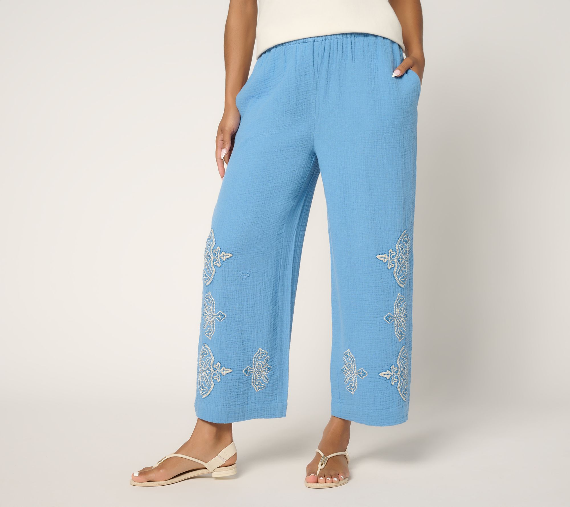 "As Is" Susan Graver PURE Pet Getaway Gauze Embroidered Wide Leg Pants