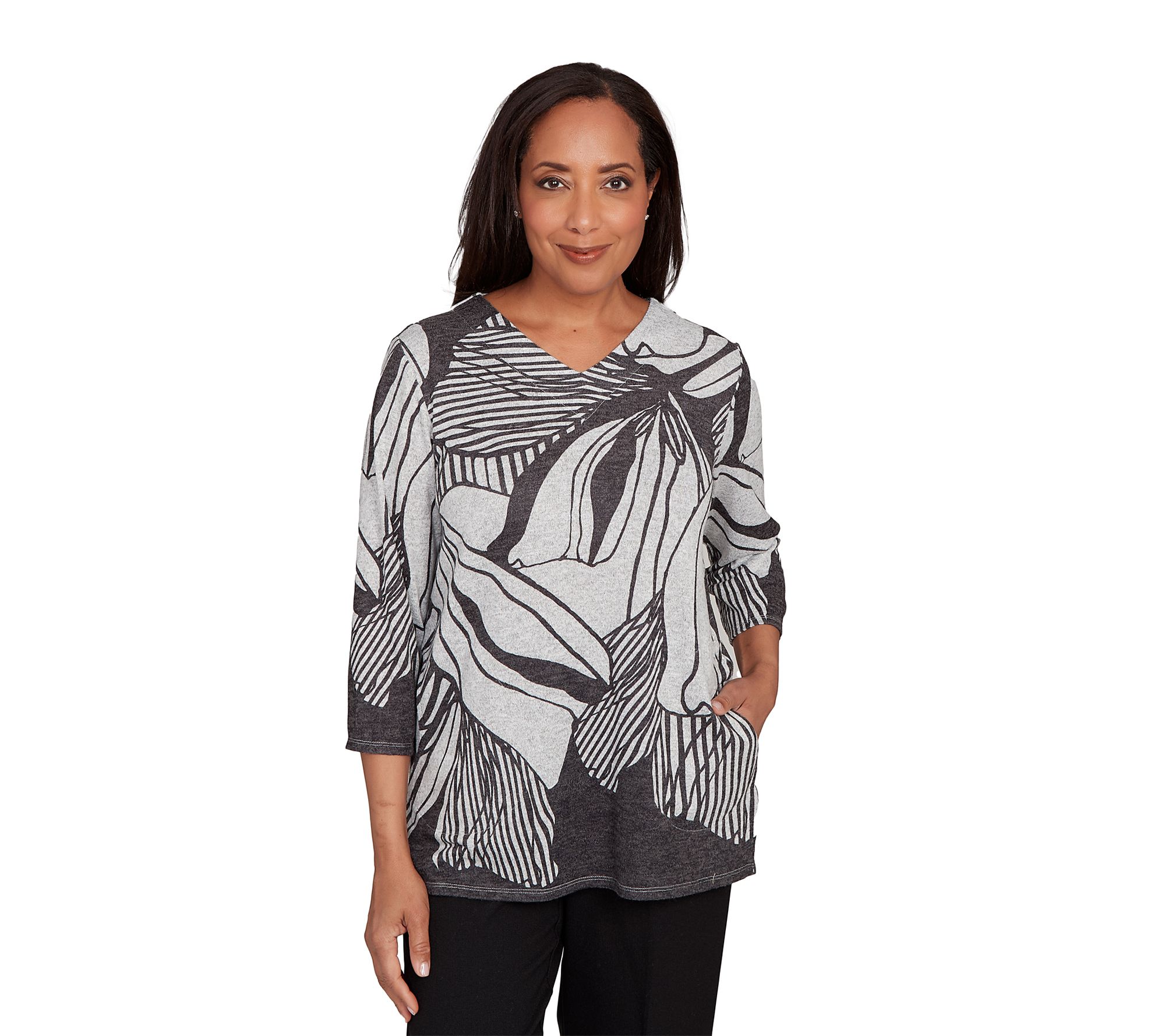 Alfred Dunner Petite Abstract Floral Stripe V-Neck Top