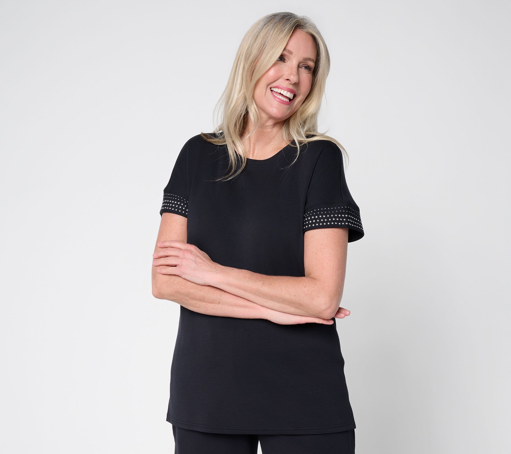 Belle by Kim Gravel ScubaLuxe Sparkle Studded Short Sleev Top