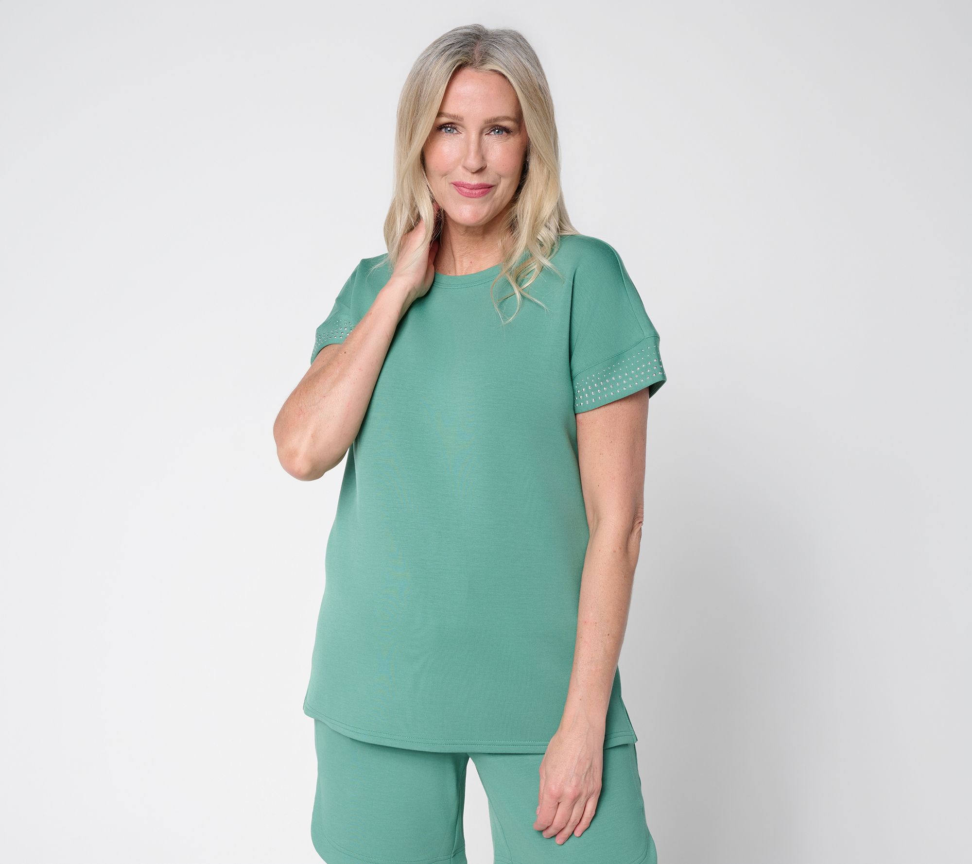 Belle by Kim Gravel ScubaLuxe Sparkle Studded Short Sleev Top