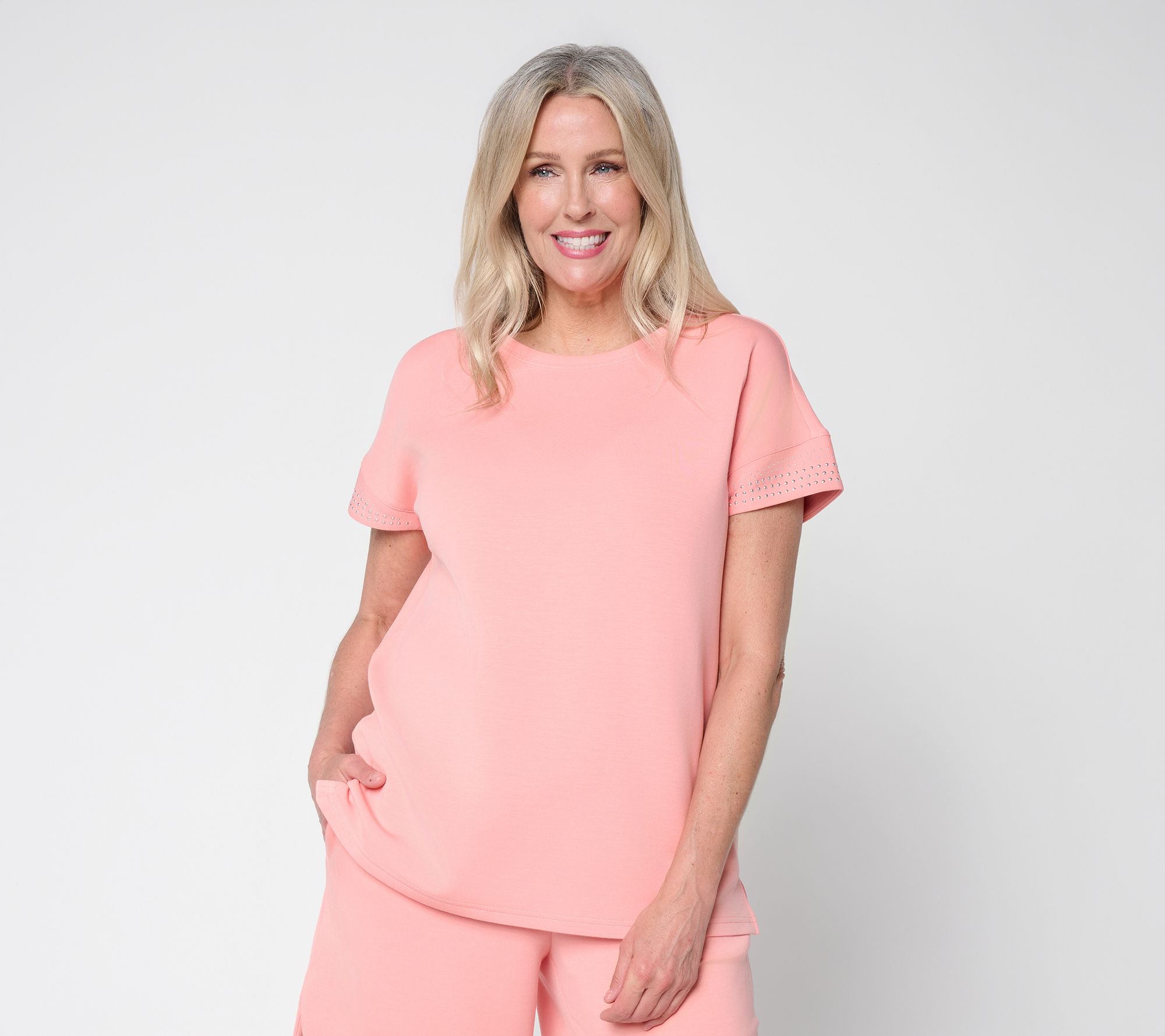 Belle by Kim Gravel ScubaLuxe Sparkle Studded Short Sleev Top