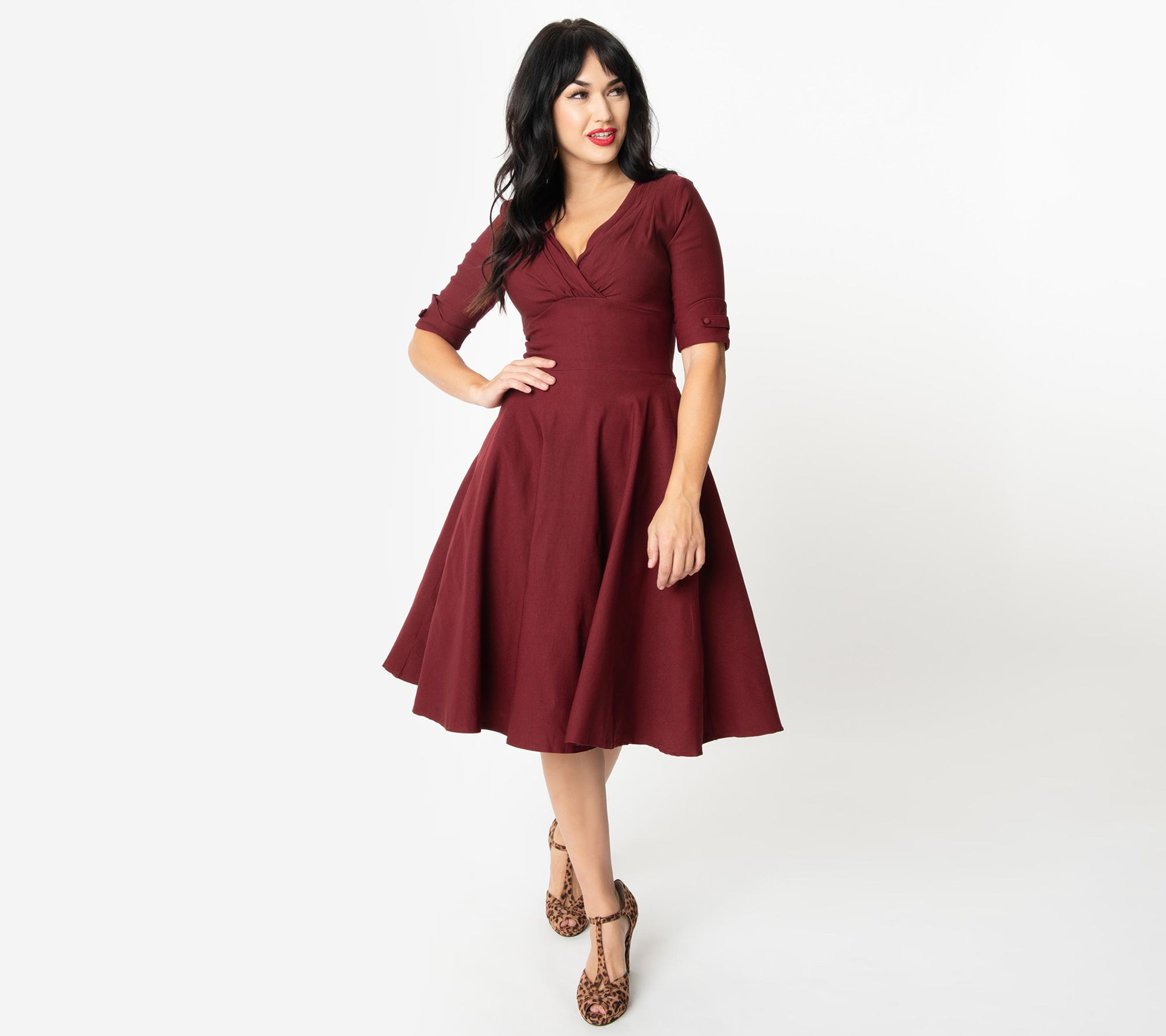  Unique Vintage 1950s Burgundy Delores Swing Dress w/ Sleeves