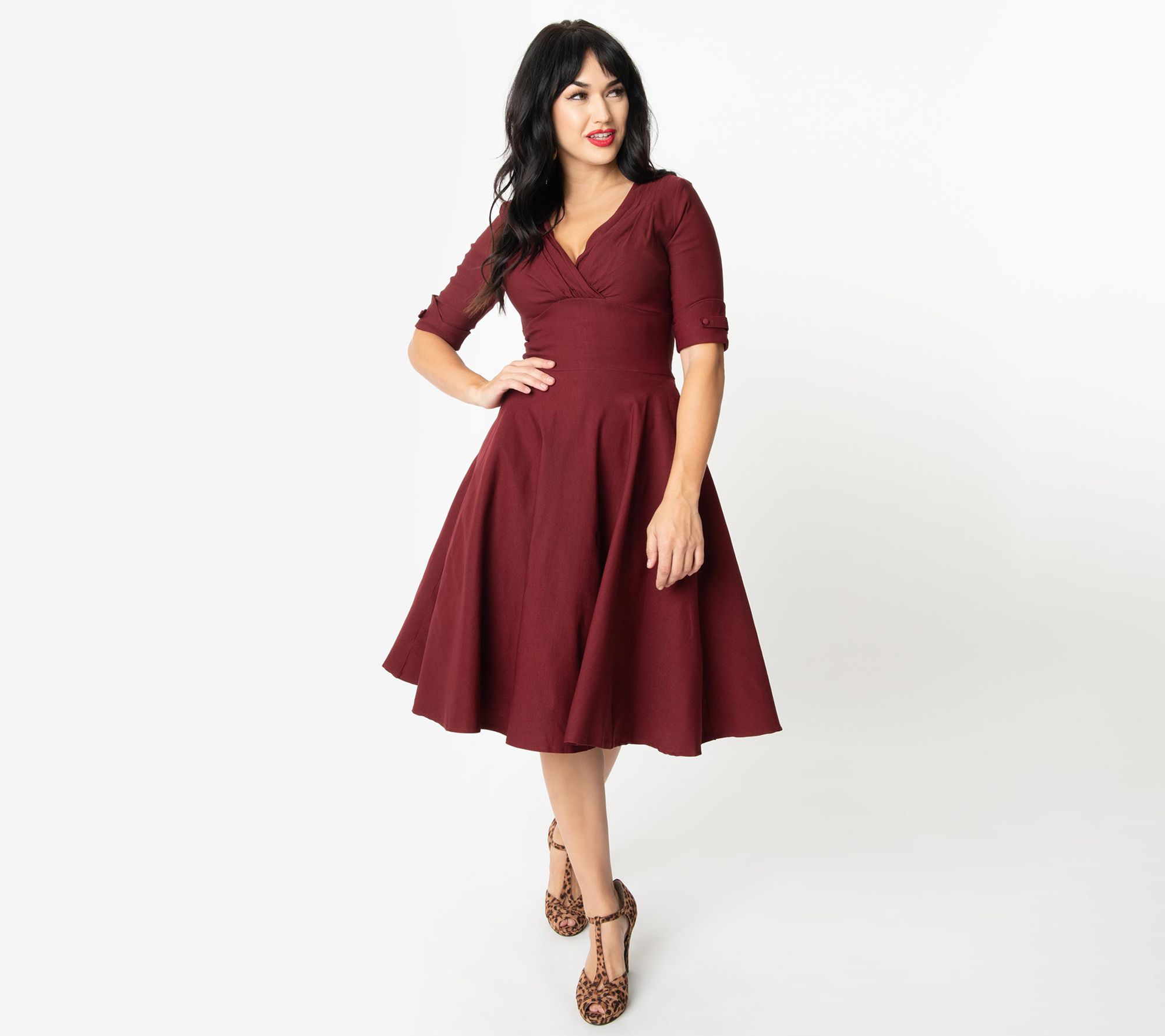 Unique Vintage 1950s Burgundy Delores Swing Dress w/ Sleeves