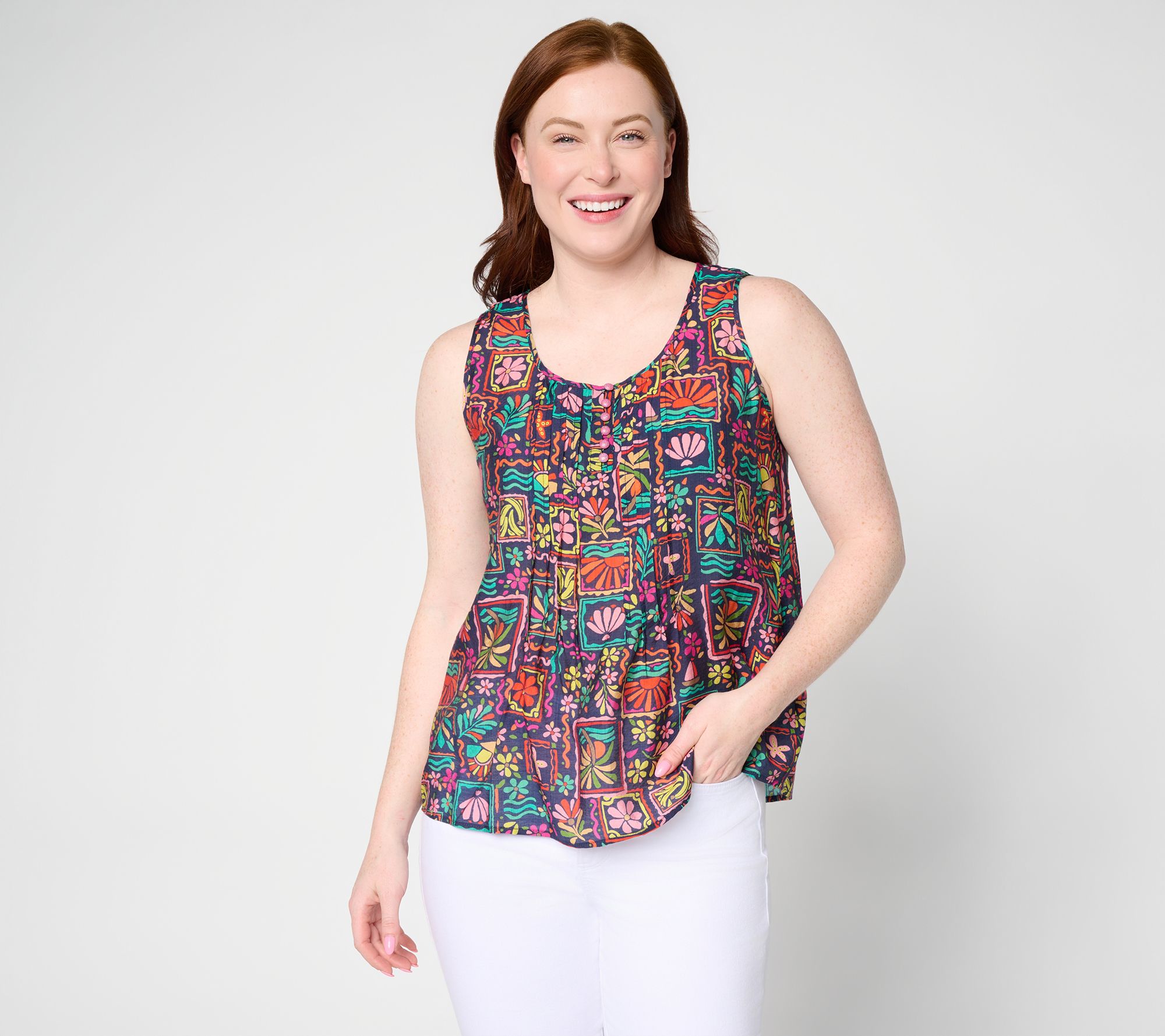 Susan Graver Printed Woven Henley Sleeveless Top