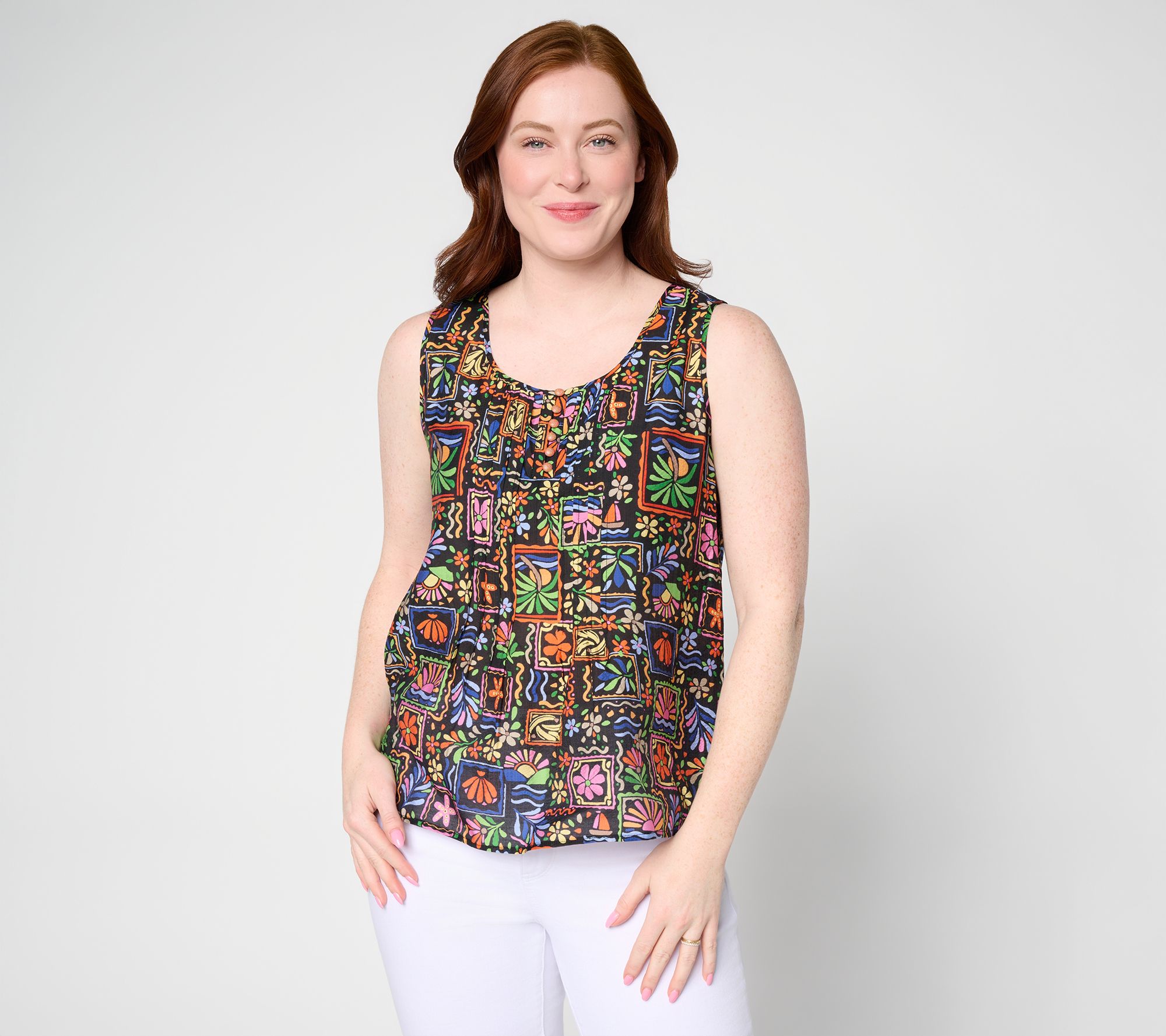 Susan Graver Printed Woven Henley Sleeveless Top