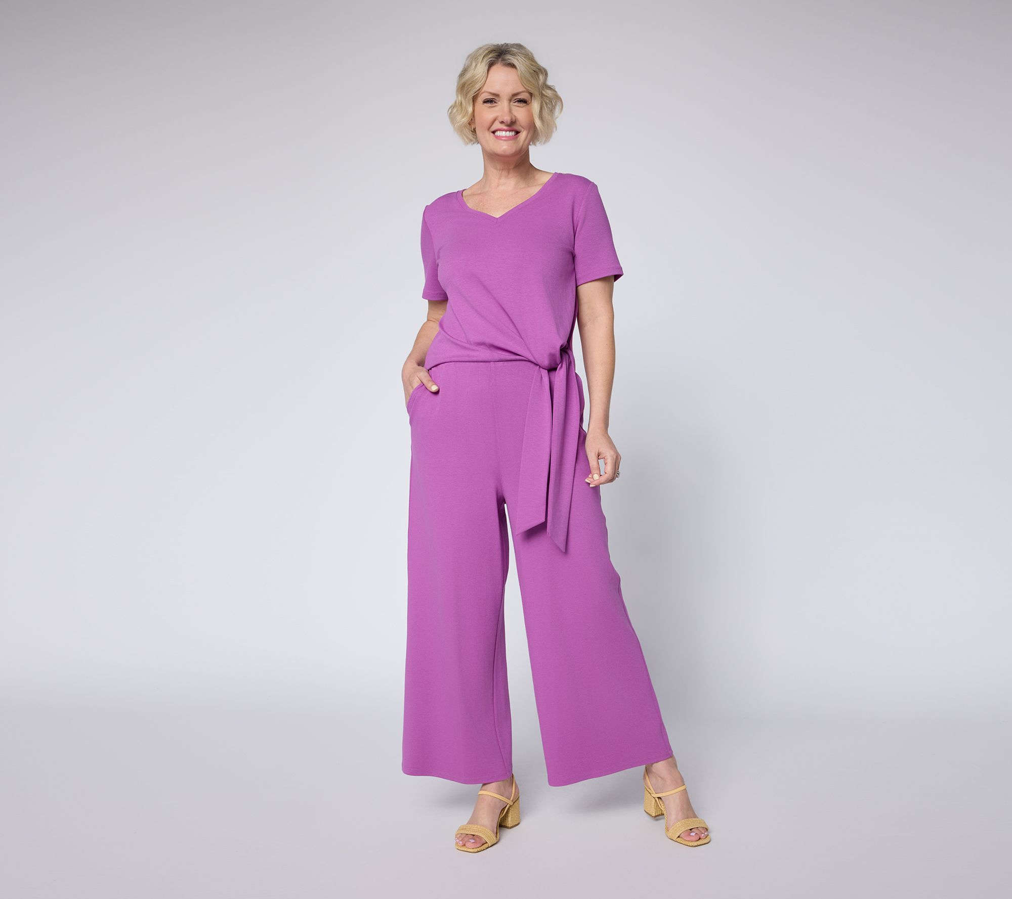 Studio Park x Mary DeAngelis Petite Crepe Ponte VNeck Tie Waist Jumpsuit