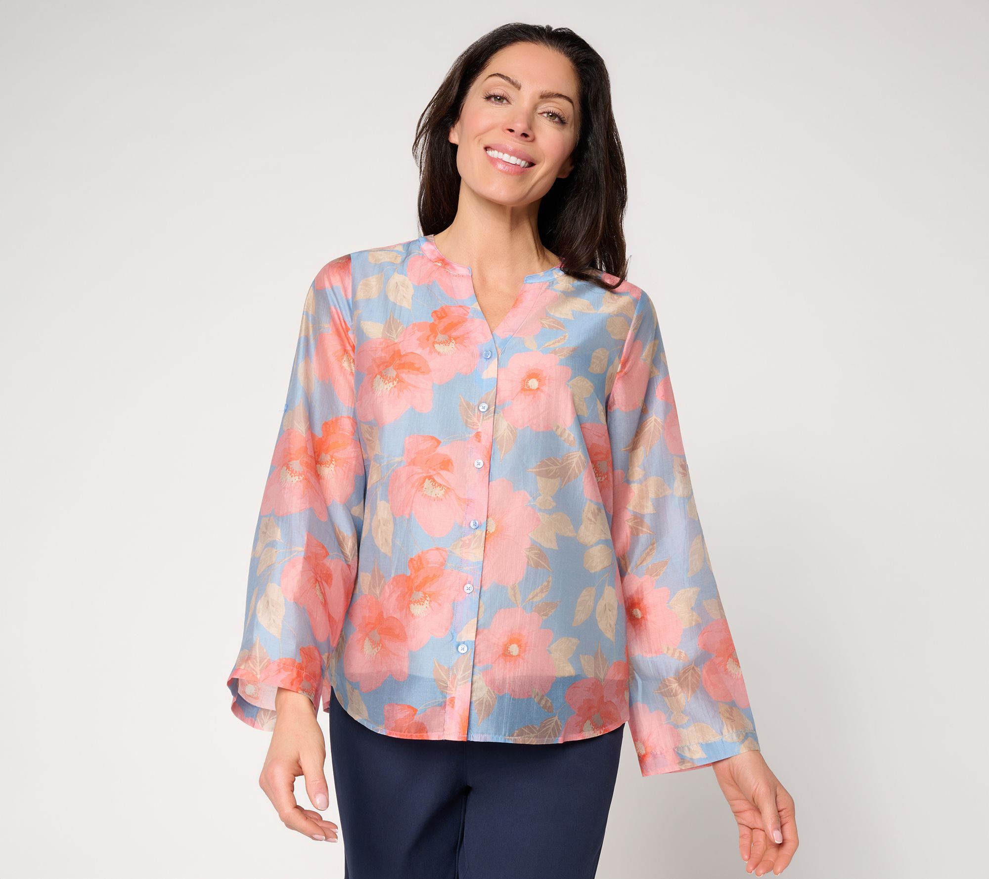 BEAUTIFUL by Lawrence Zarian Printed Split Neck Roll Sleeve Top