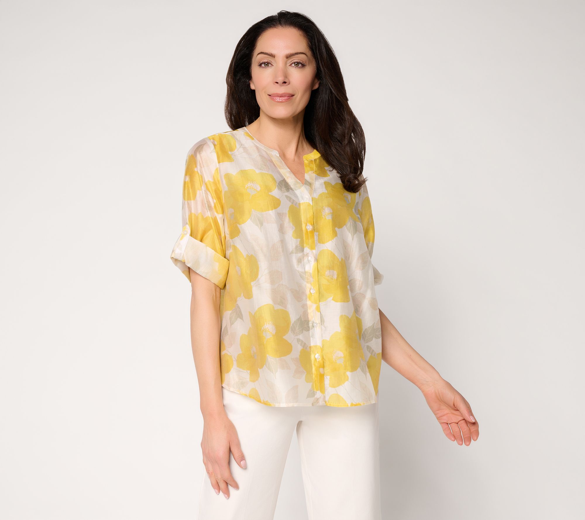 BEAUTIFUL by Lawrence Zarian Printed Split Neck Roll Sleeve Top