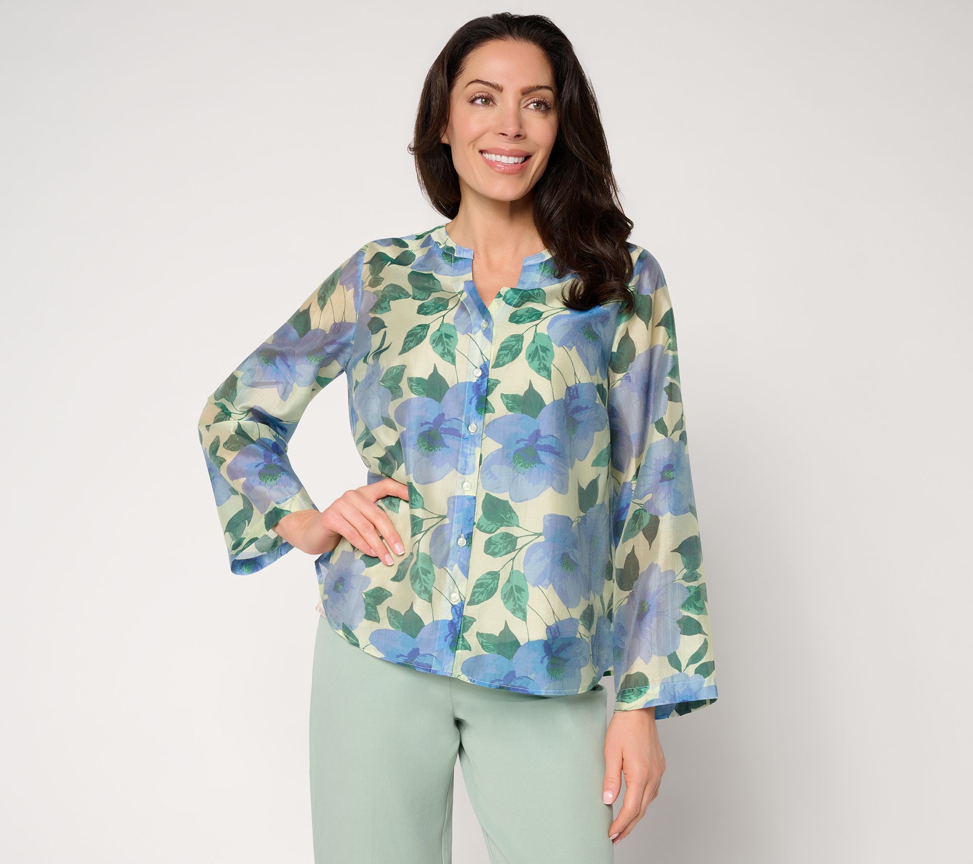 BEAUTIFUL by Lawrence Zarian Petal Pretty Split Neck Roll Sleeve Top