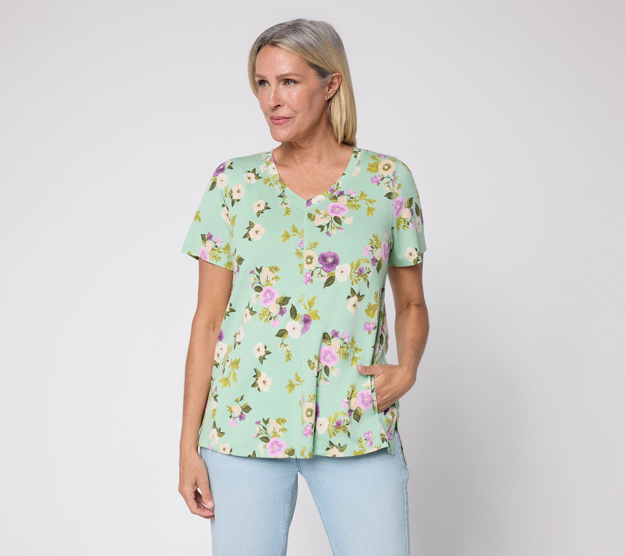 LOGO by Lori Goldstein Floral Print Short Sleeve V-Neck Top