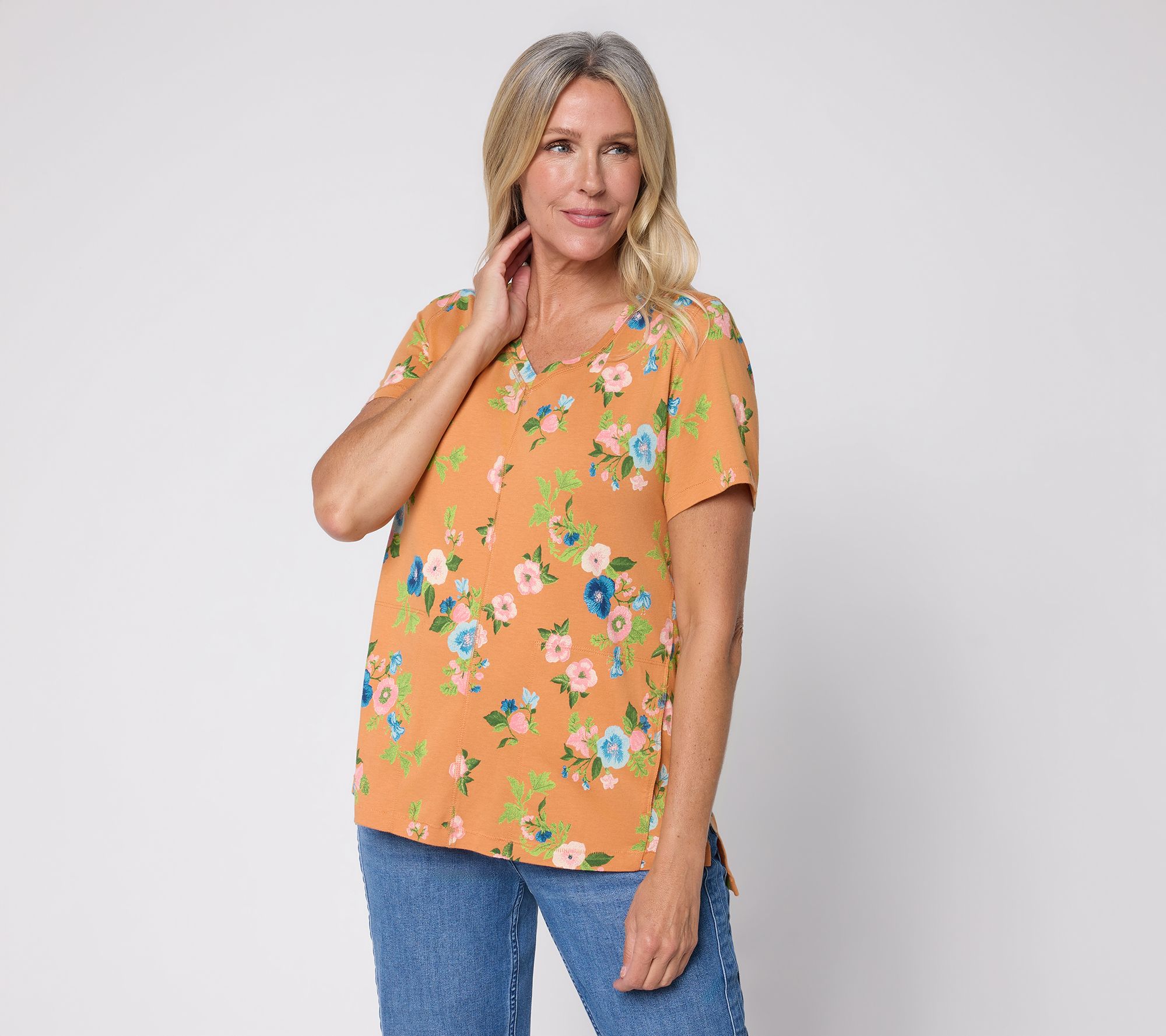 LOGO by Lori Goldstein Floral Print Short Sleeve V-Neck Top