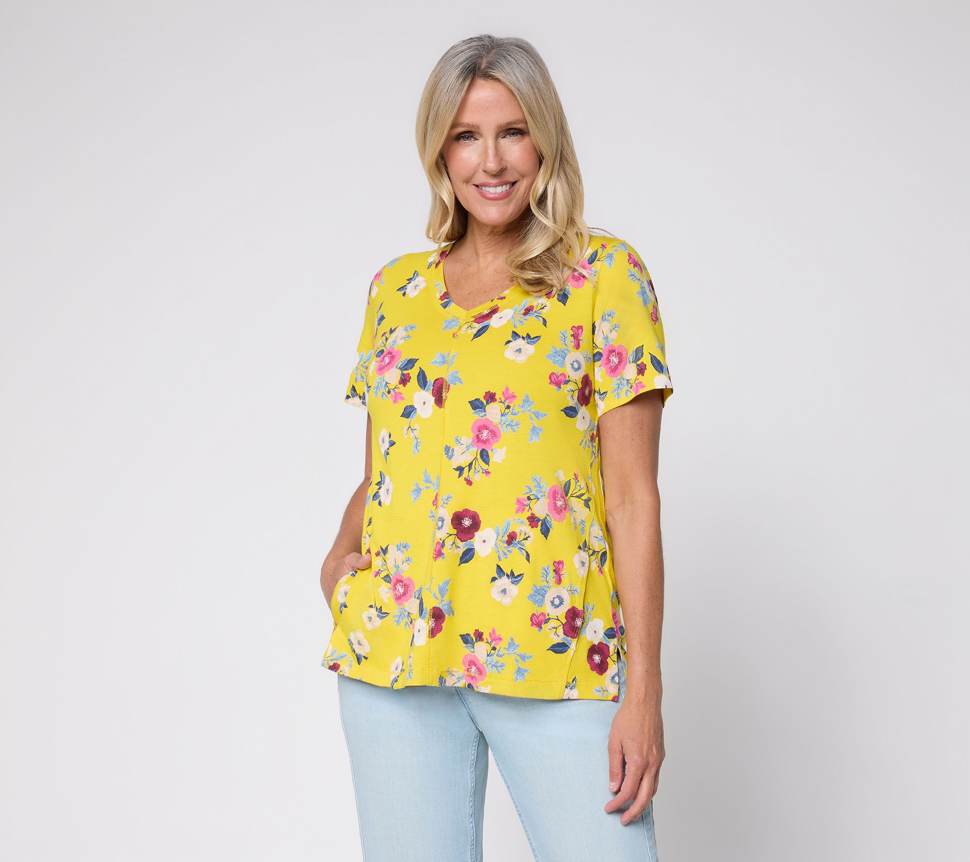 LOGO by Lori Goldstein Floral Print Short Sleeve V-Neck Top