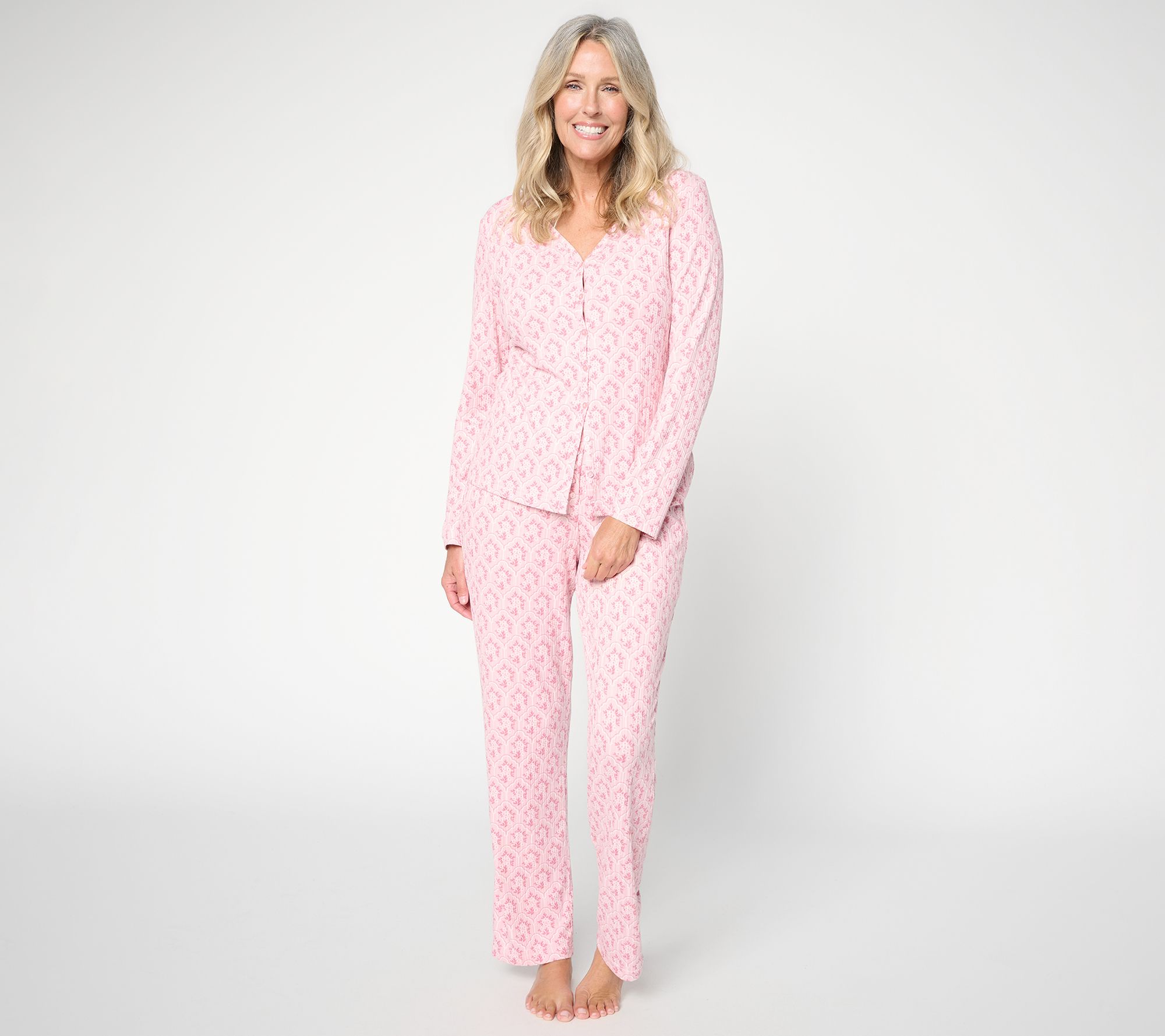 Berkshire Homewear Printed Ribbed Button Down V-Neck PJ Set