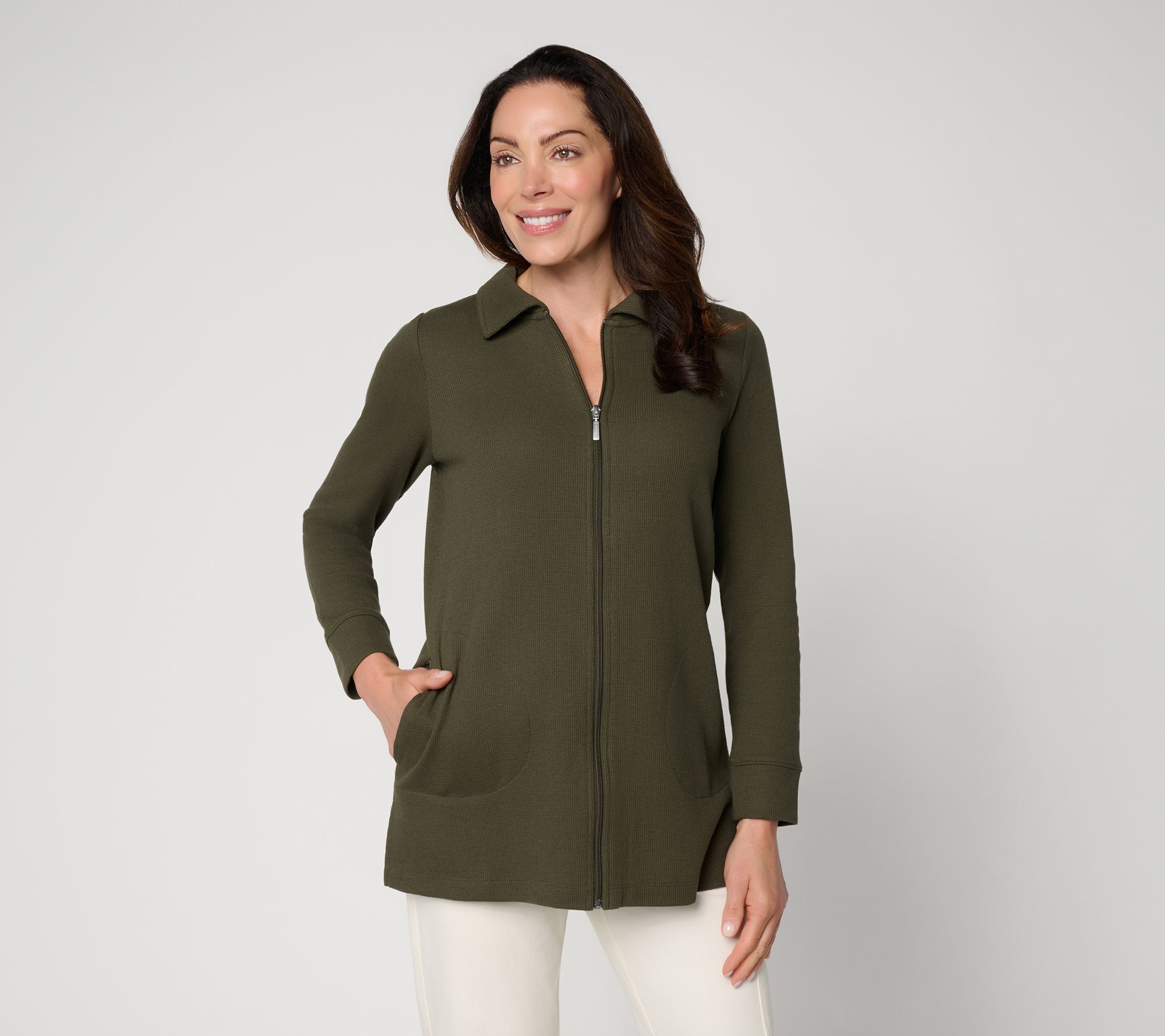 Denim & Co. Active Petite Waffle Knit Zip Front Collared Tunic