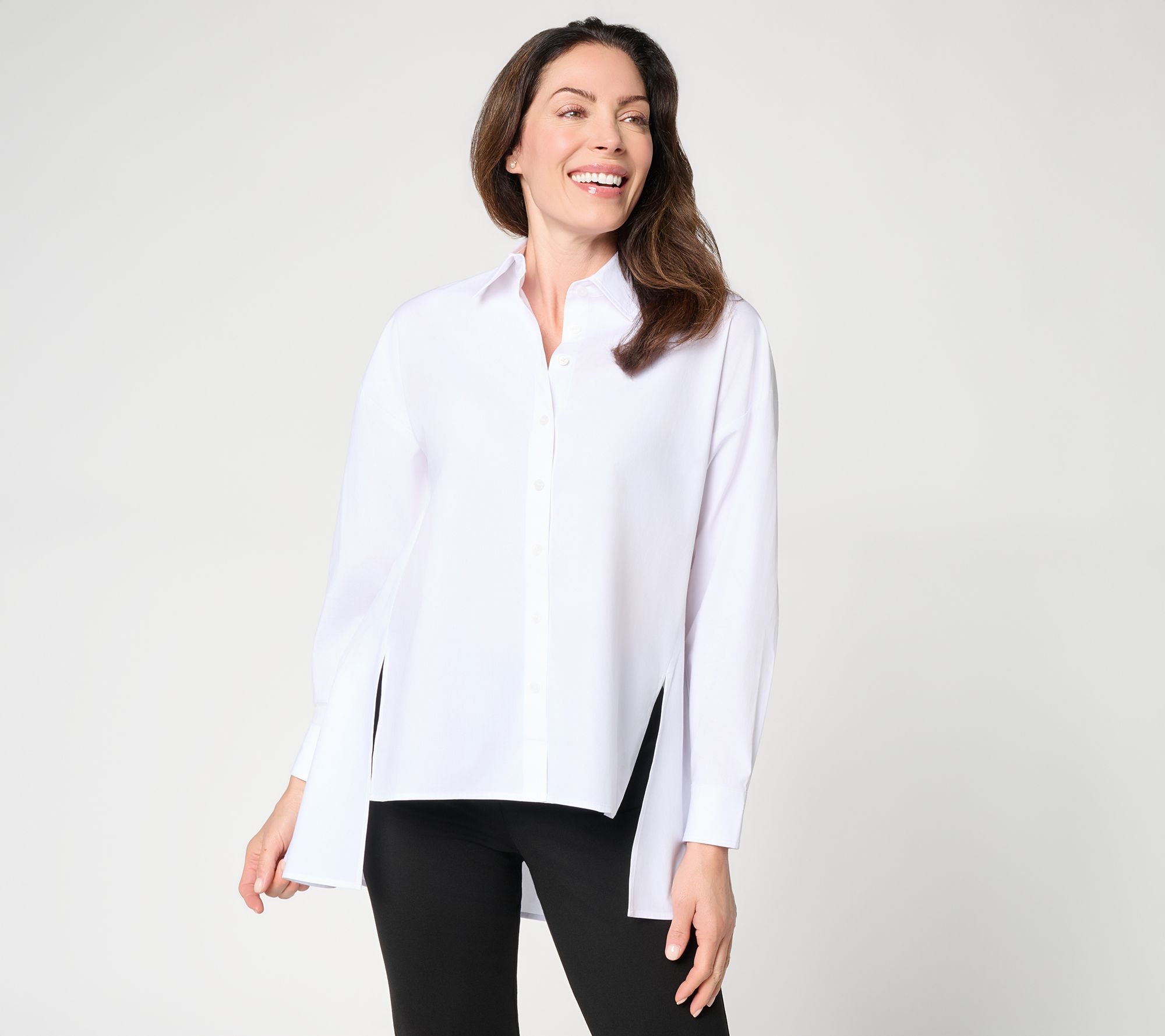 Women with Control Poplin Button Up Top