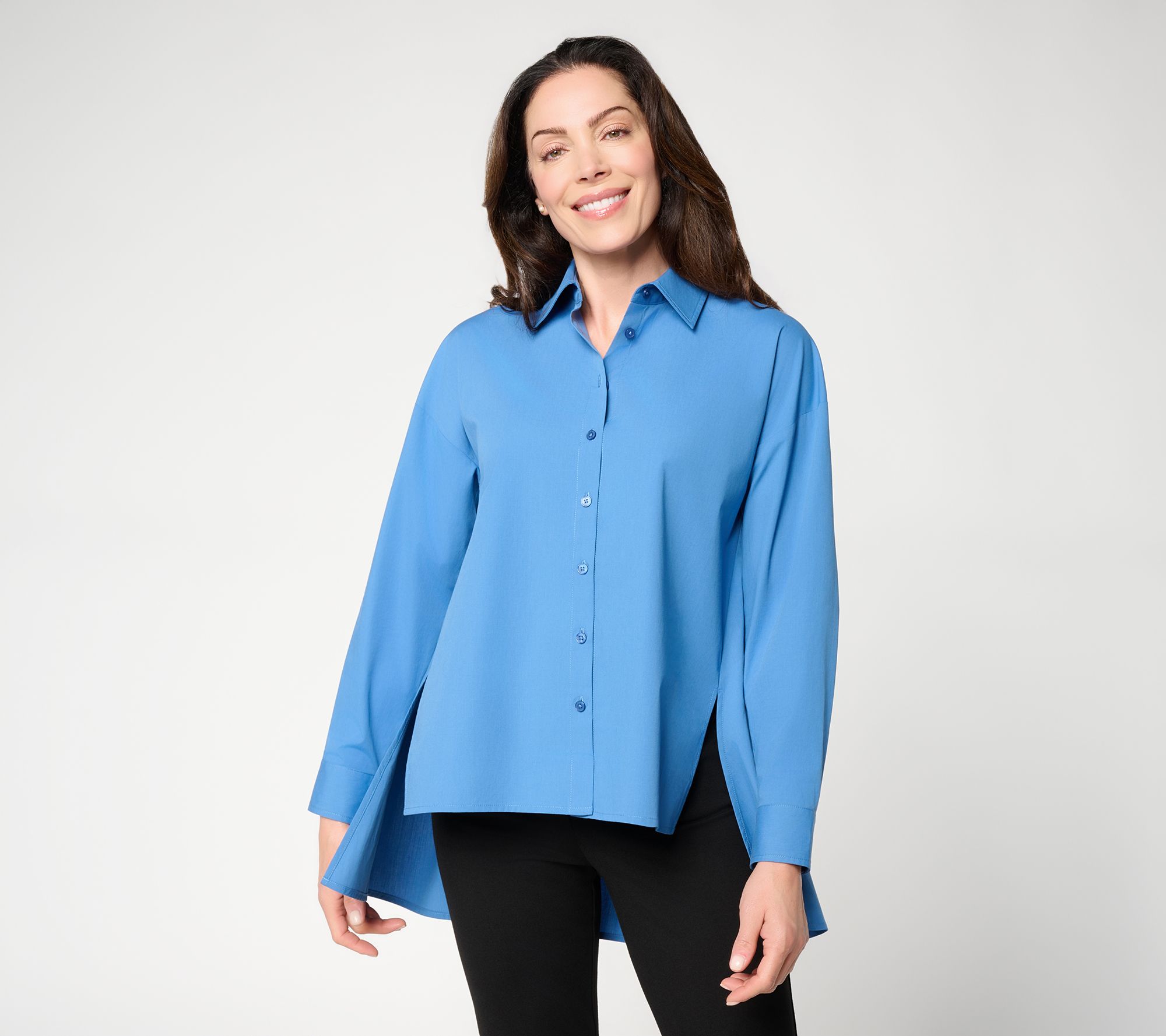 Women with Control Poplin Button Up Top