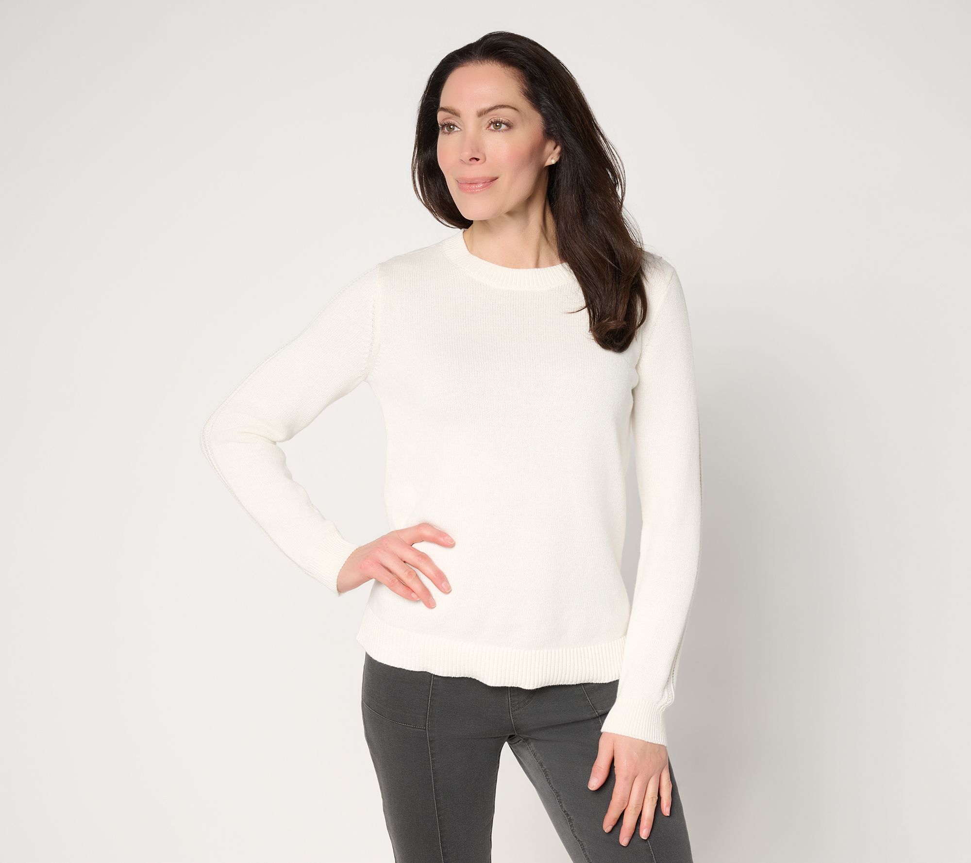 "As Is" Susan Graver Crew Neck Sweater with Novelty Sleeve Detail