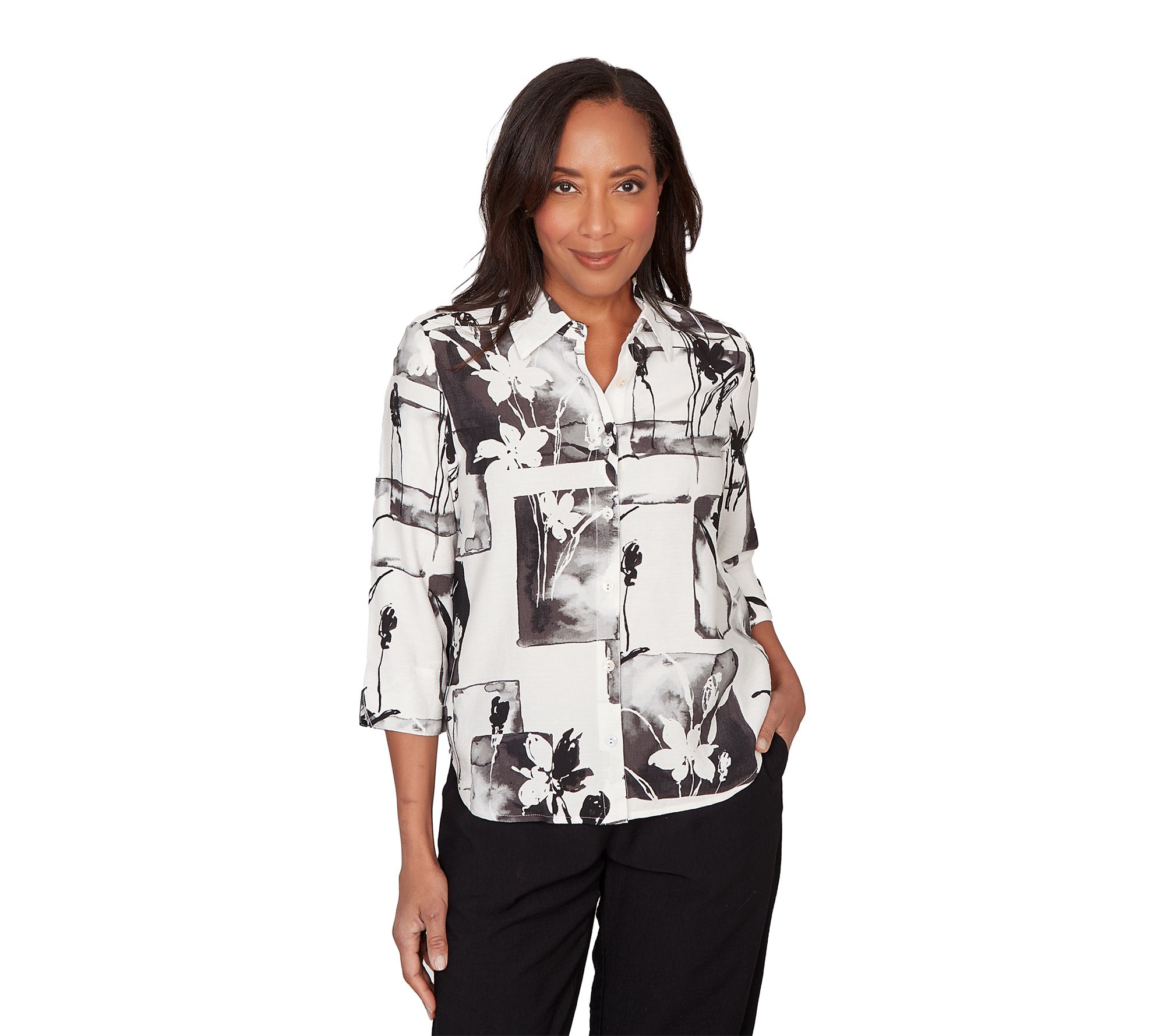 Alfred Dunner Women's Floral Patchwork Button Front Top