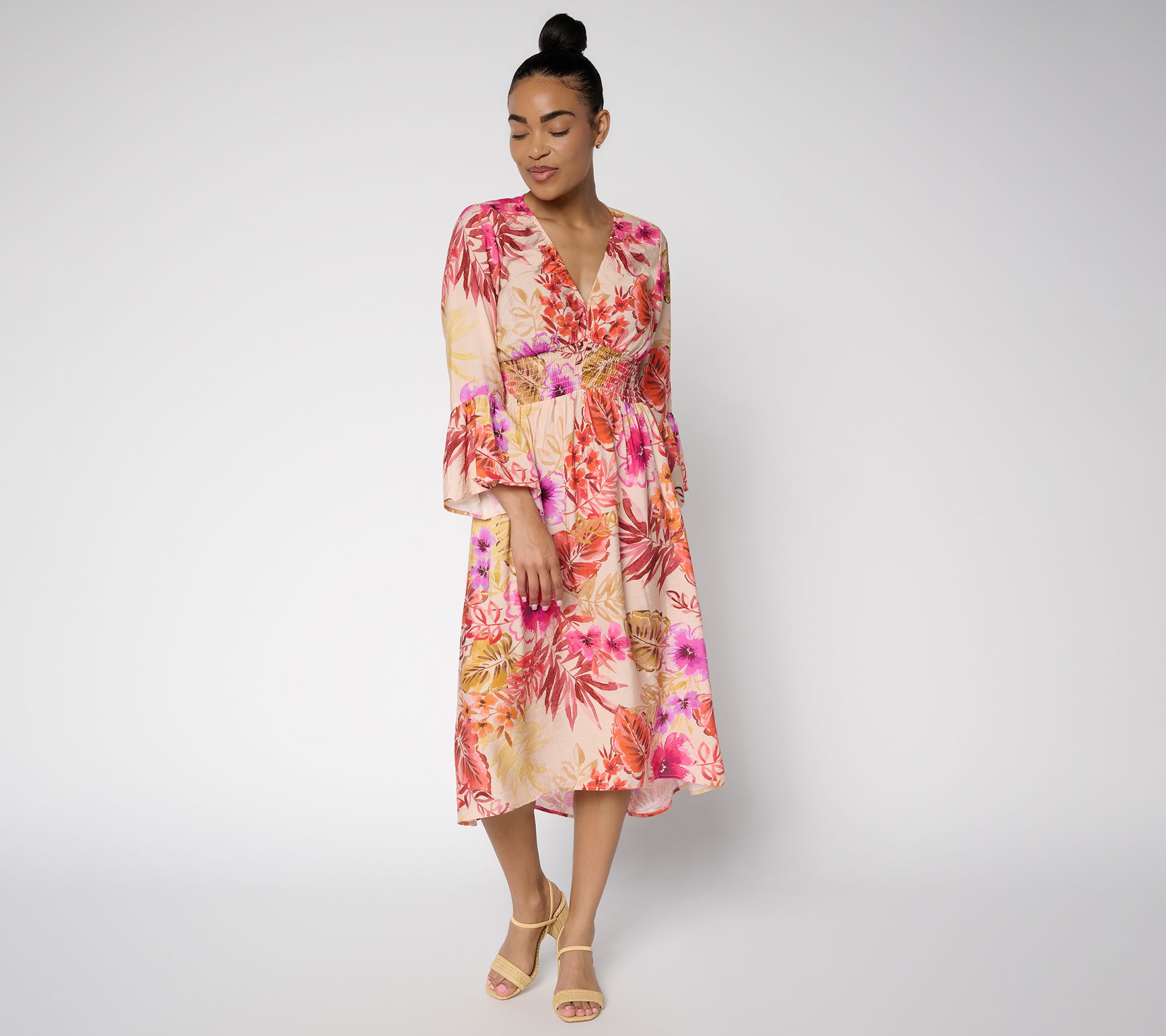 "As Is" Susan Graver Petite Printed Dolce Woven Smocked Midi Dress