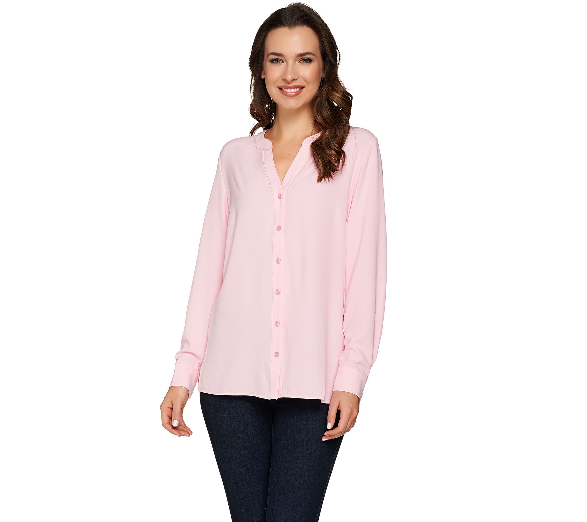 Susan Graver Stretch Woven Button Front Y Neck Shirt