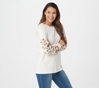 Denim & Co. French Terry Boatneck Long-Sleeve Top w/ Embroidery - A369907