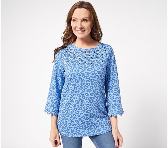 Quacker Factory Printed Leopard Chunky Bling Scalloped Sleeve Top