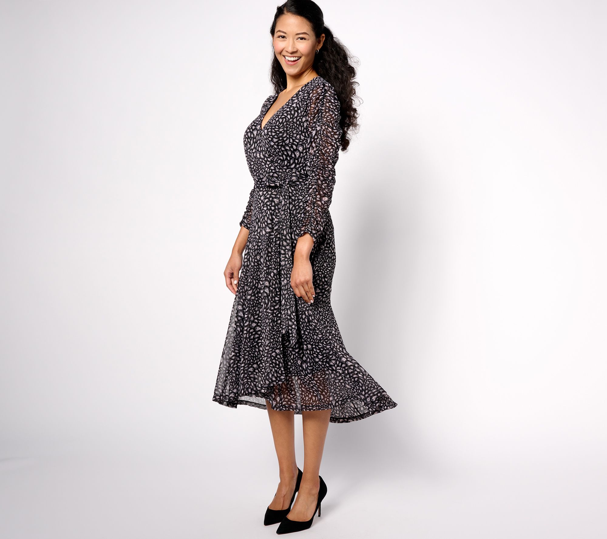 Susan Graver Occasions Reg Printed Mesh 3/4 Sleeve Midi Wrap Dress