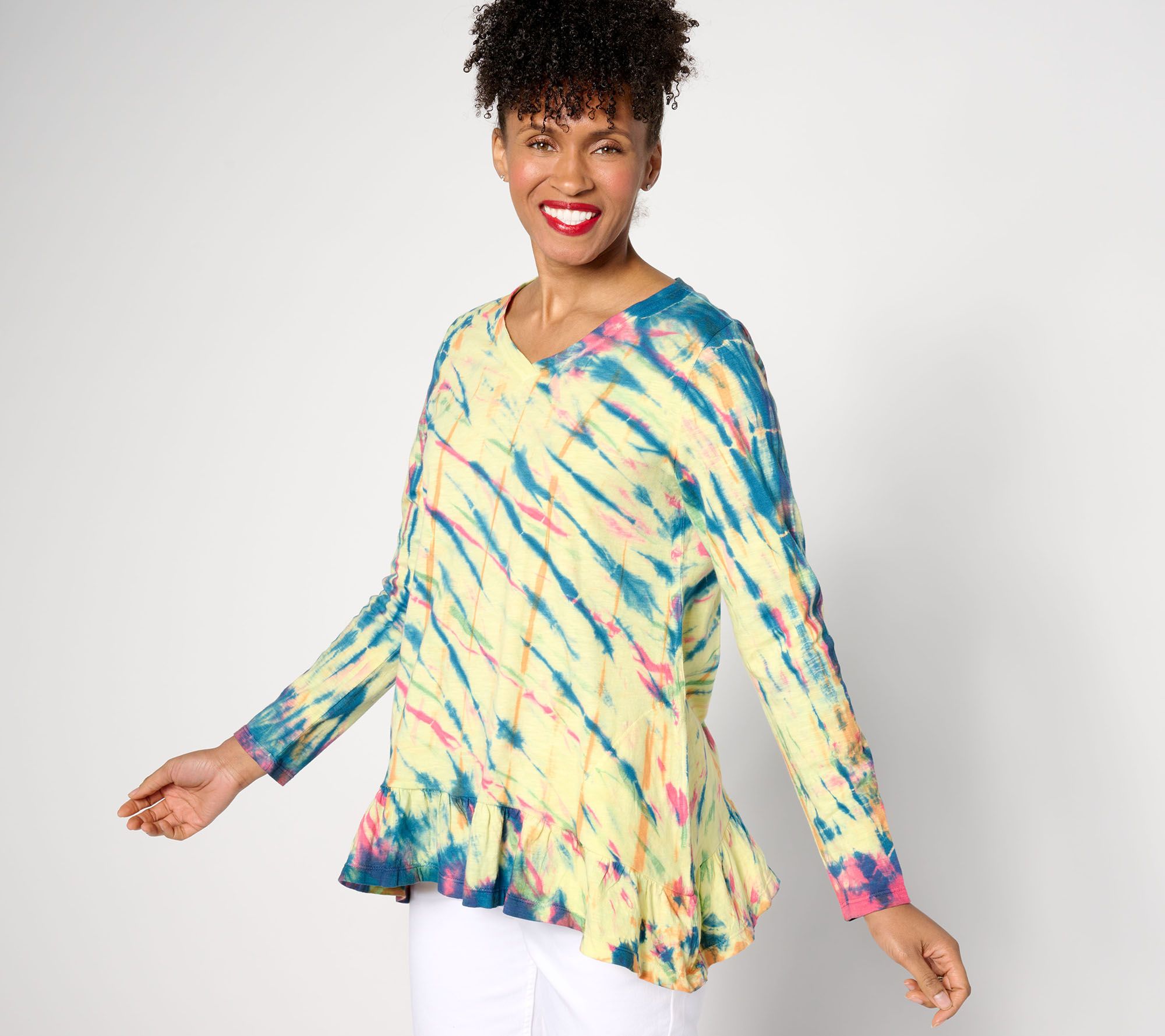 LOGO by Lori Goldstein Hand Tie-Dye Cotton Slub Top w/Ruffle