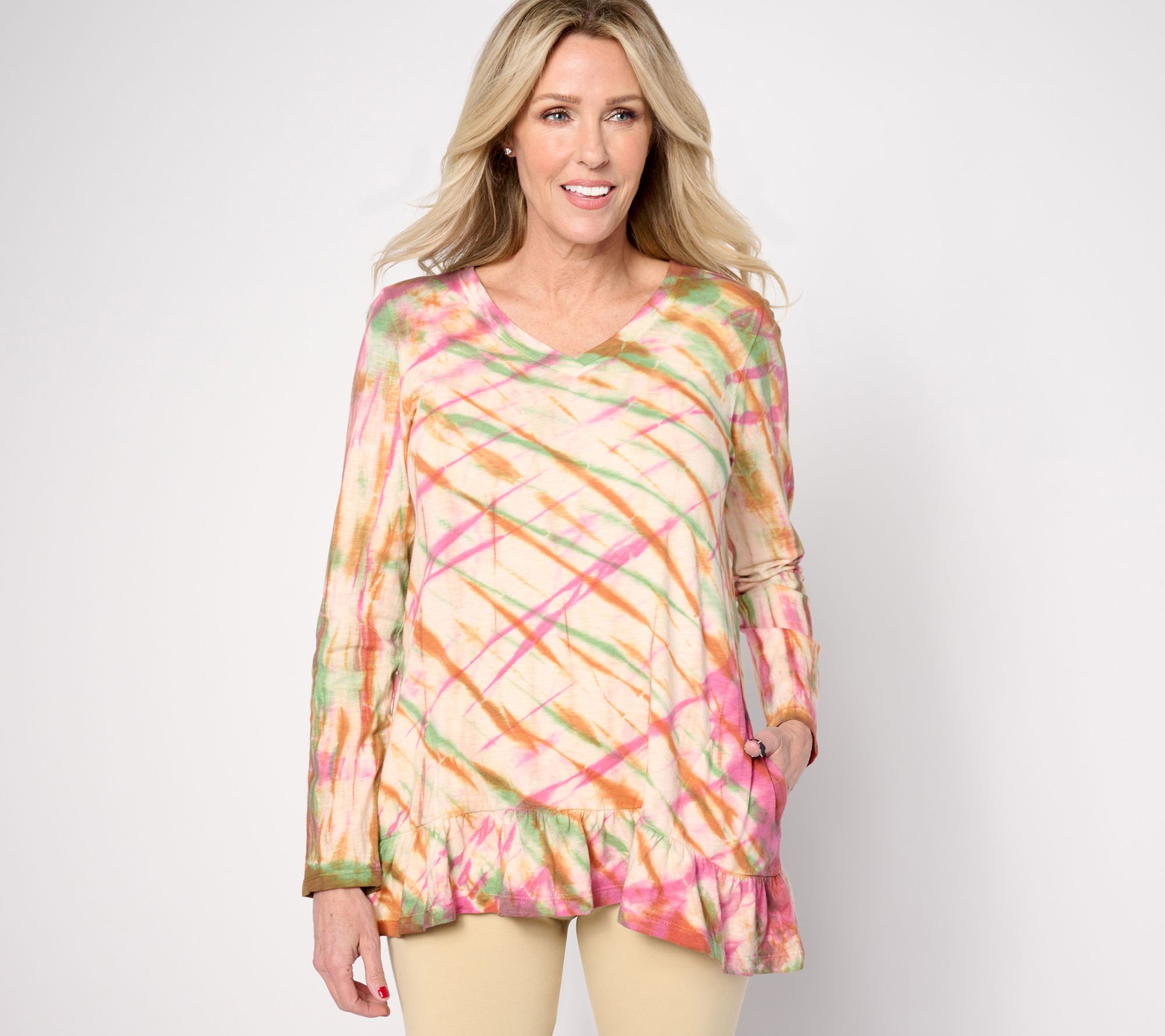 LOGO by Lori Goldstein Hand Tie-Dye Cotton Slub Top w/Ruffle Hem