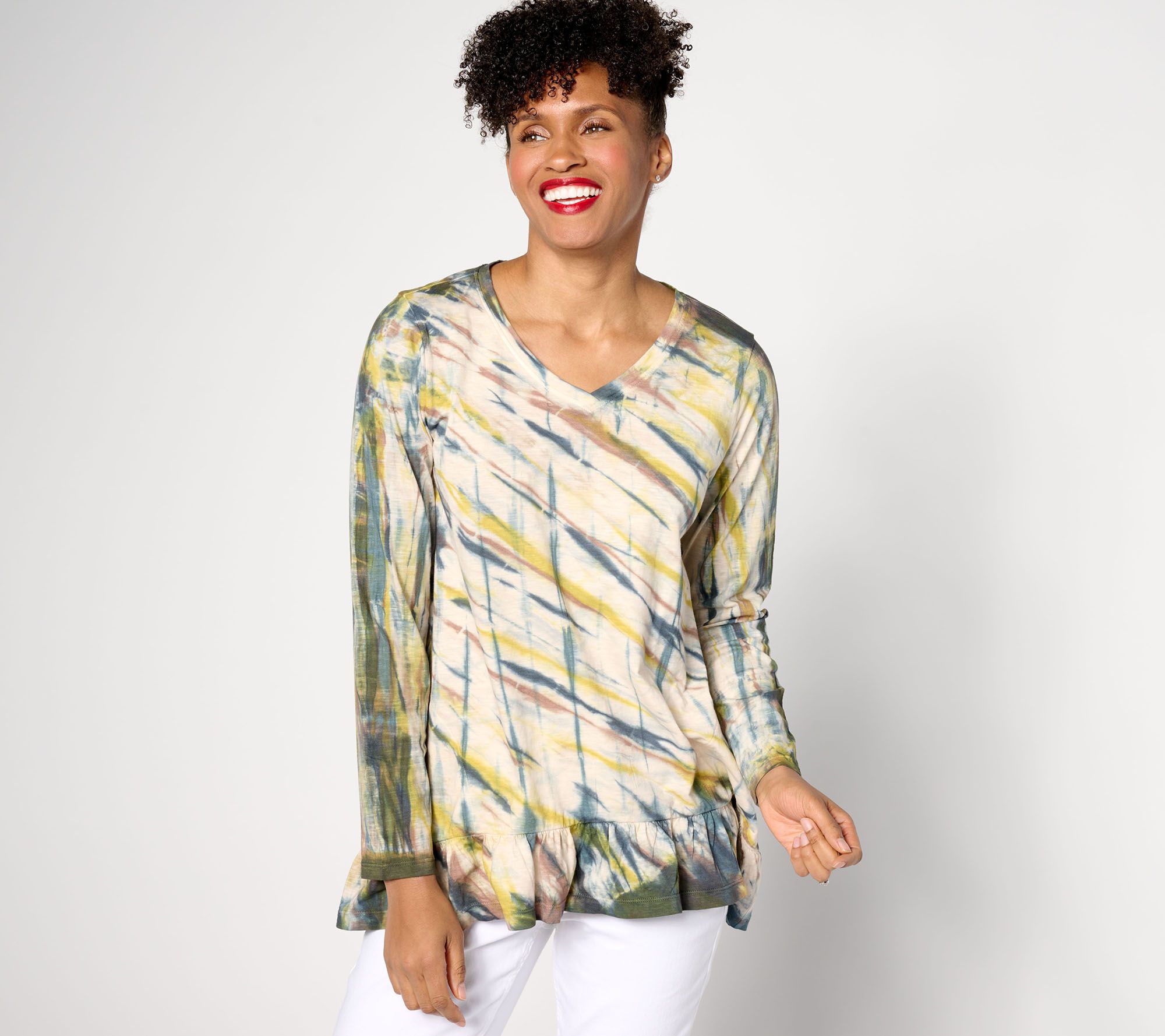 LOGO by Lori Goldstein Hand Tie-Dye Cotton Slub Top w/Ruffle Hem