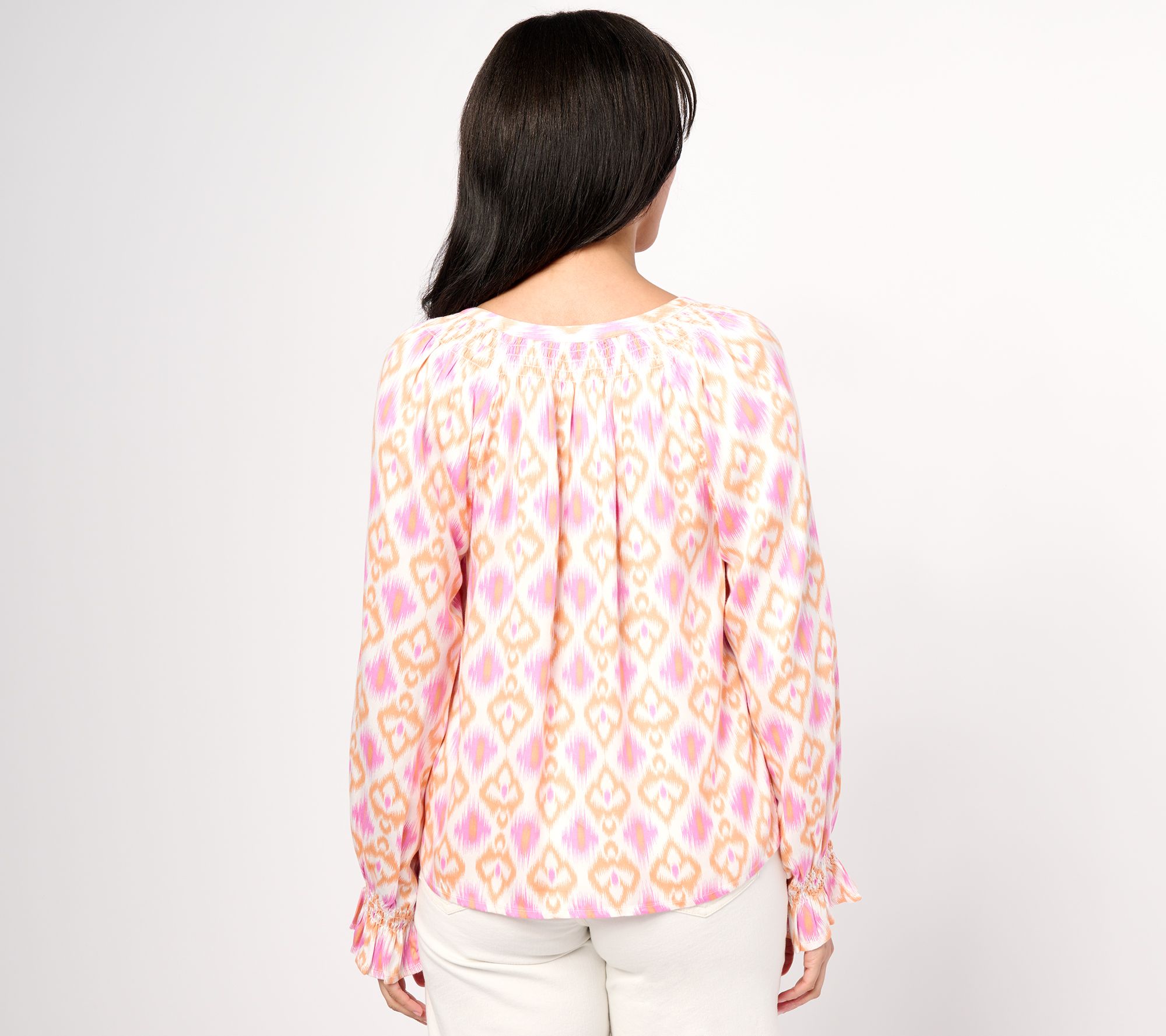 Destination 365 Printed Blouse Split-Neck with Shirring Detail