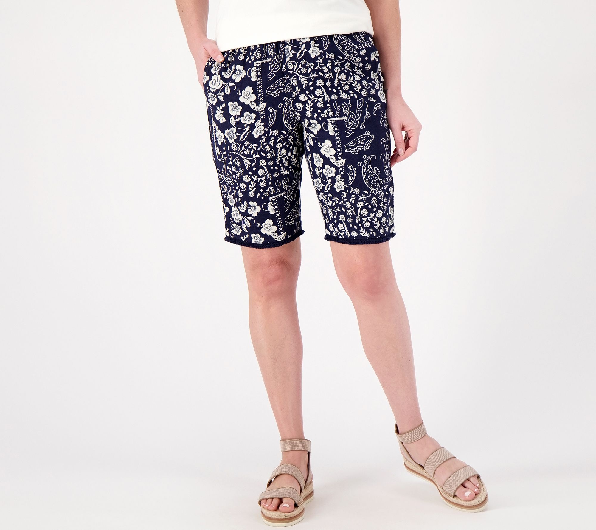 "As Is" Susan Graver PURE Printed Regular Linen Blend Bermuda Shorts