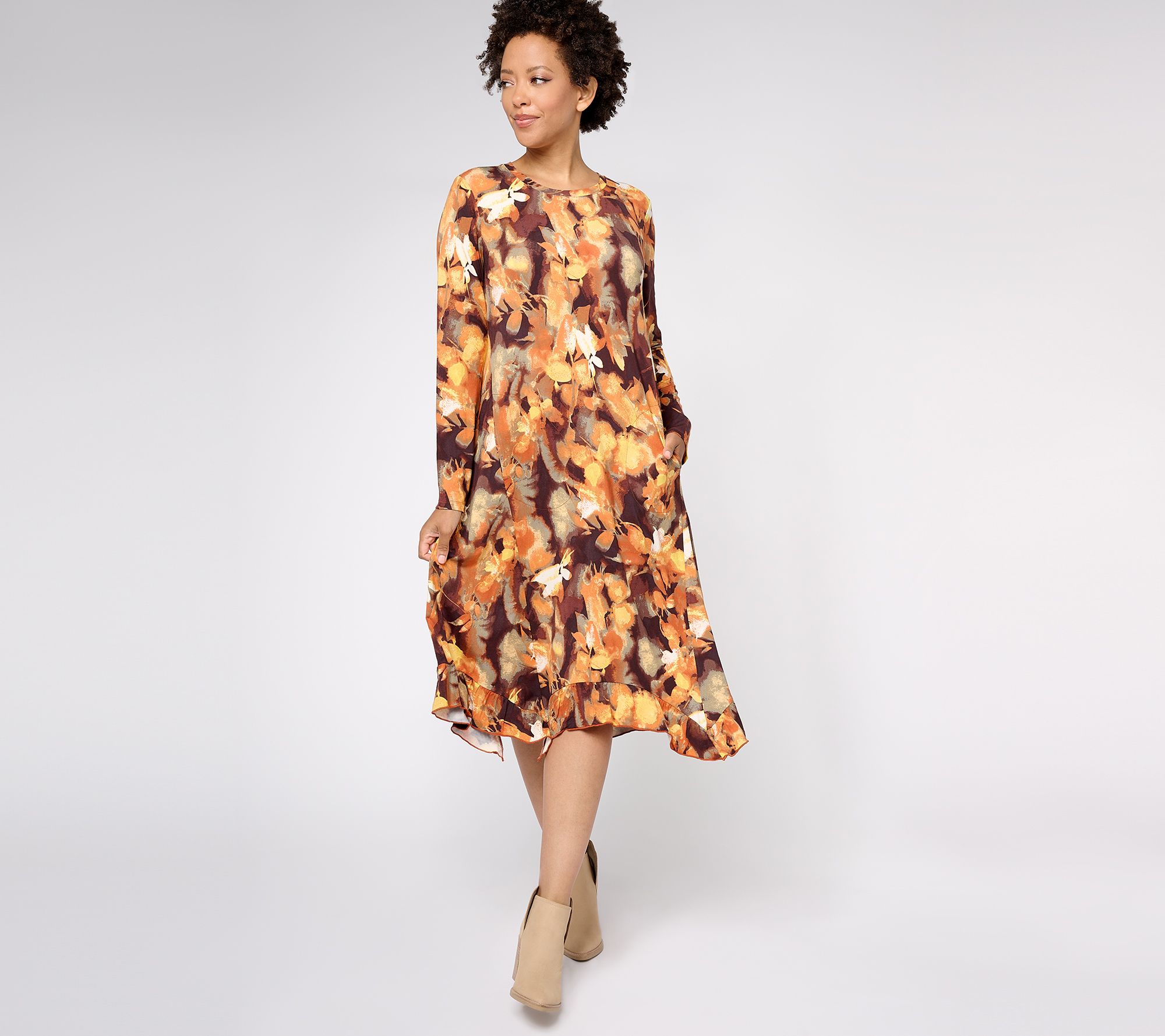 "As Is" LOGO by Lori Goldstein Petite Printed Rayon 230 Ruffle Dress