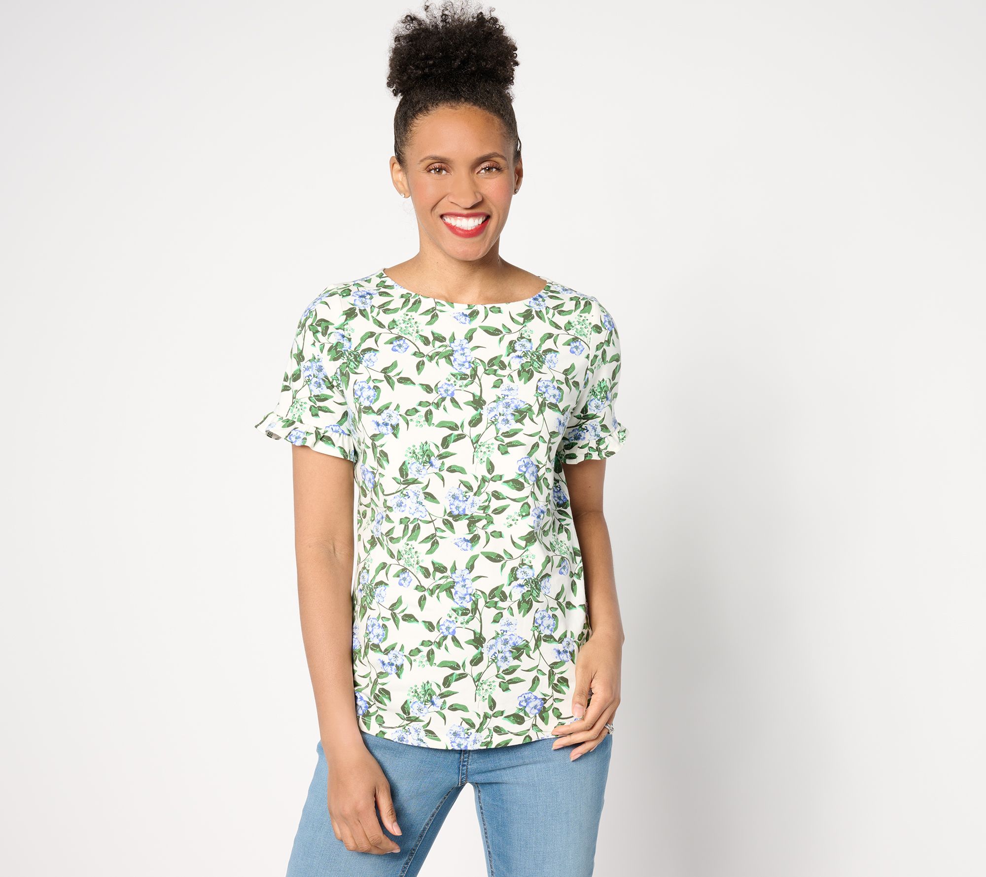 Denim & Co. Favorite Jersey Boat Neck Short Sleeve Top w/ Ruffle Trim