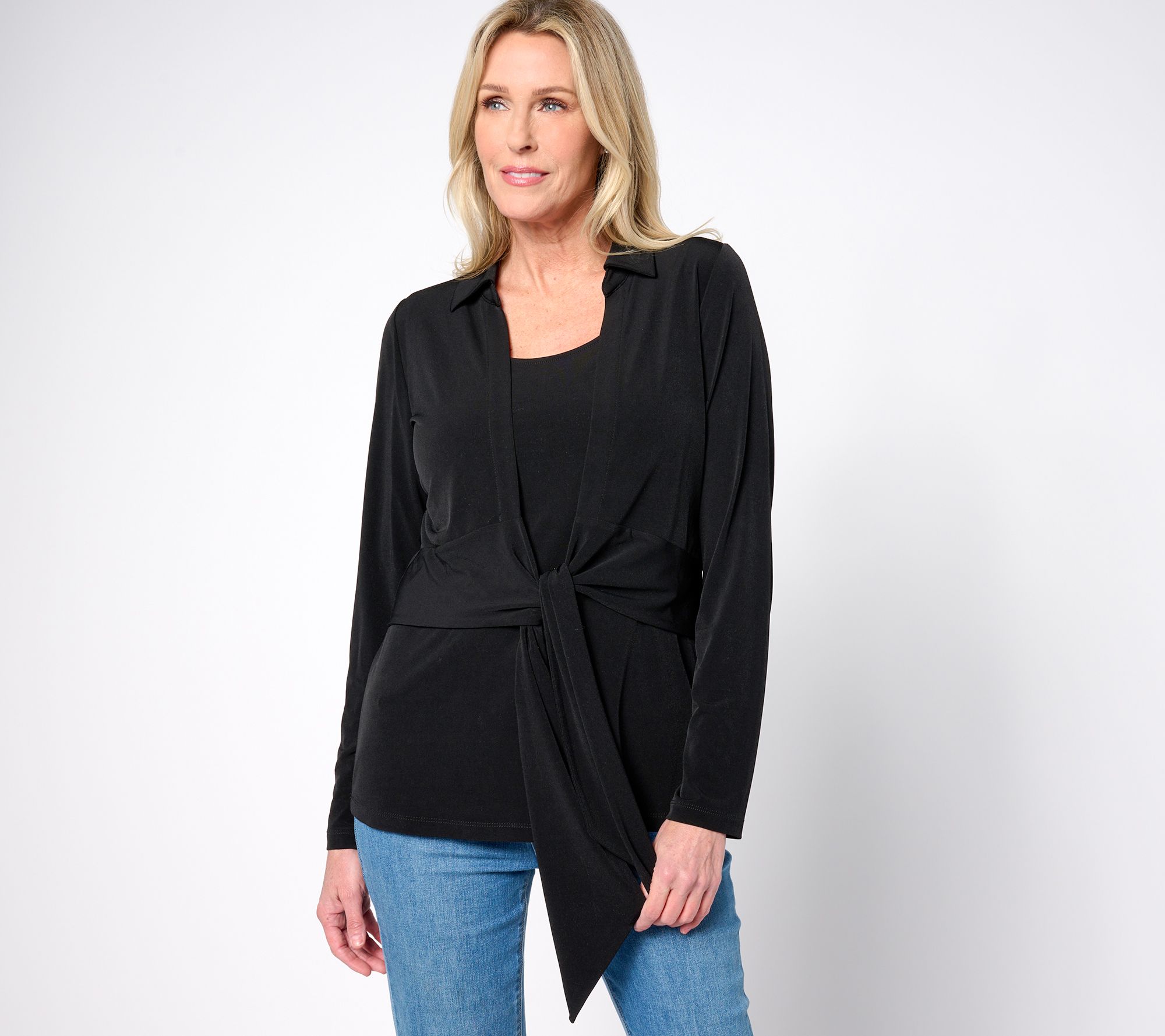 "As Is" Susan Graver Passport Liquid Knit Long Sleeve Tie Front Shrug Set