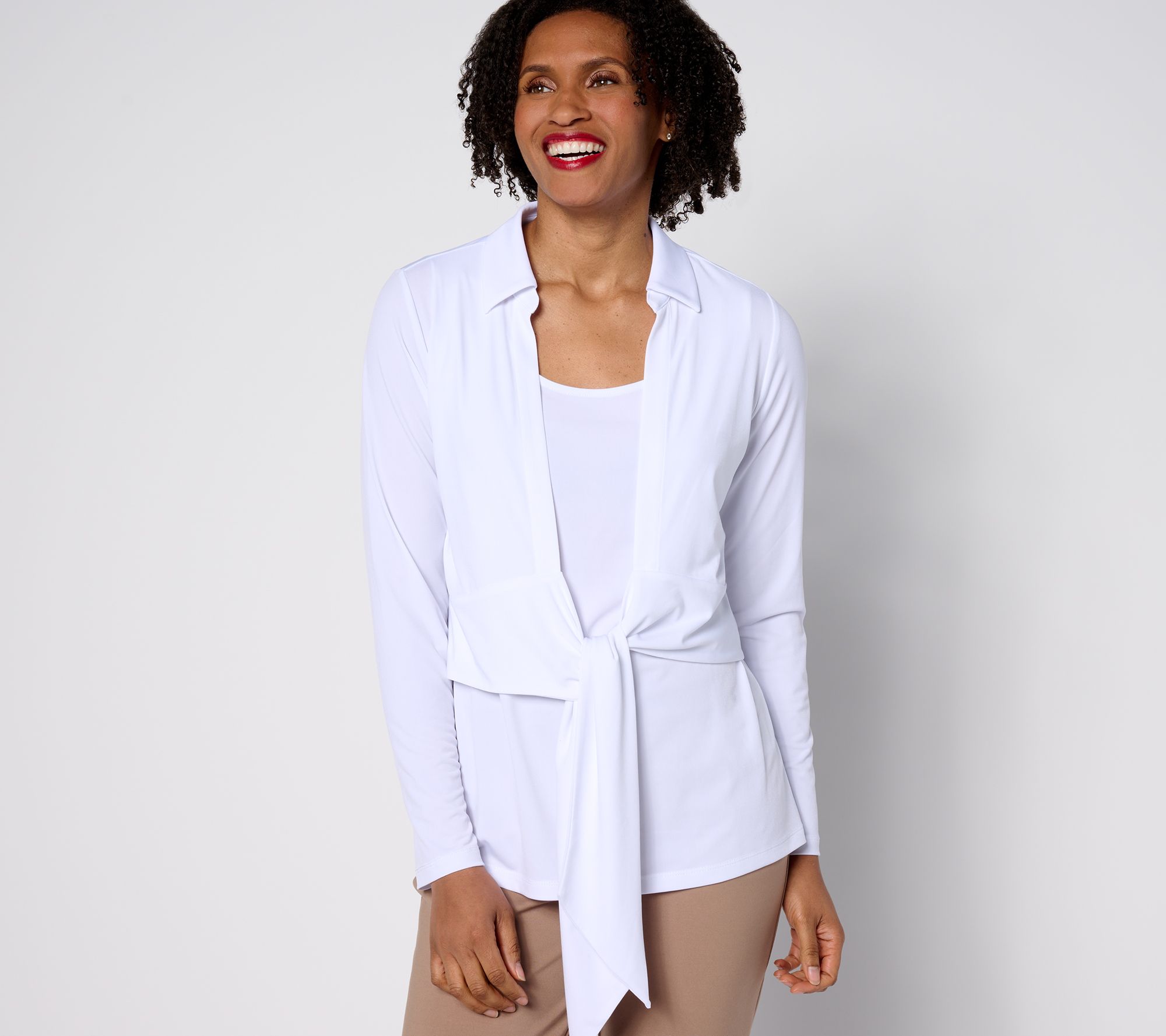 "As Is" Susan Graver Passport Liquid Knit Long Sleeve Tie Front Shrug Set