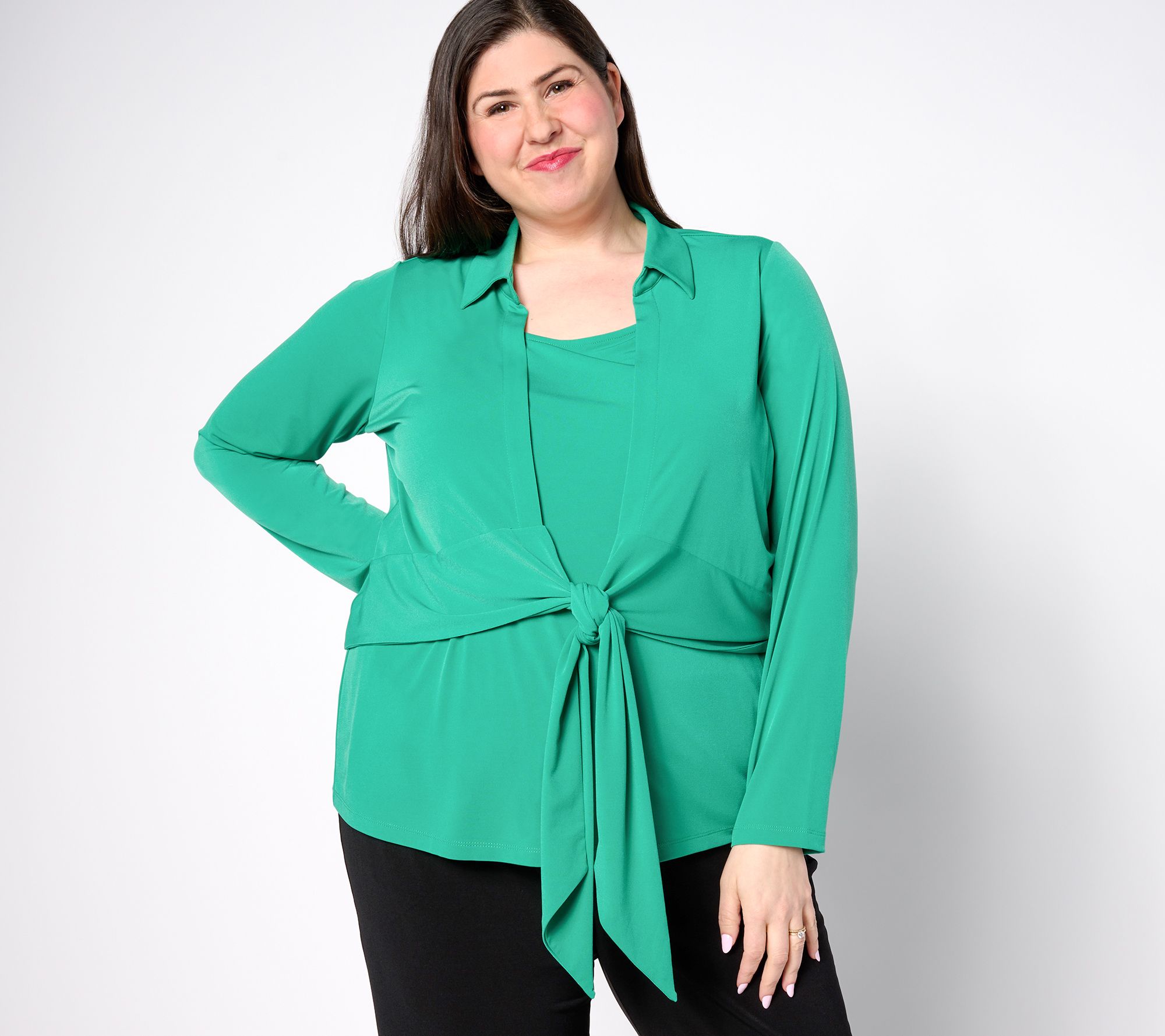 "As Is" Susan Graver Passport Liquid Knit Long Sleeve Tie Front Shrug Set