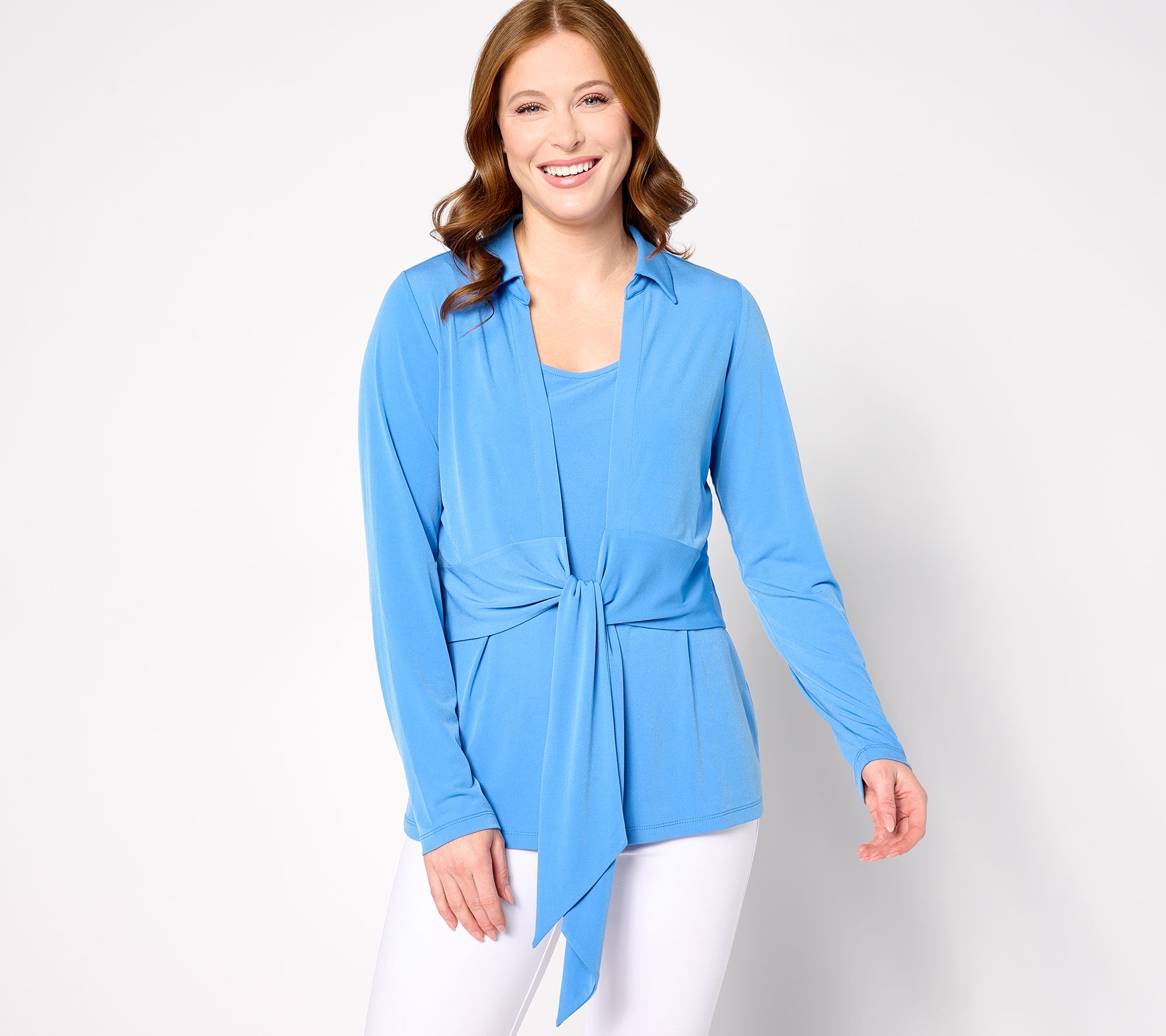 "As Is" Susan Graver Passport Liquid Knit Long Sleeve Tie Front Shrug Set