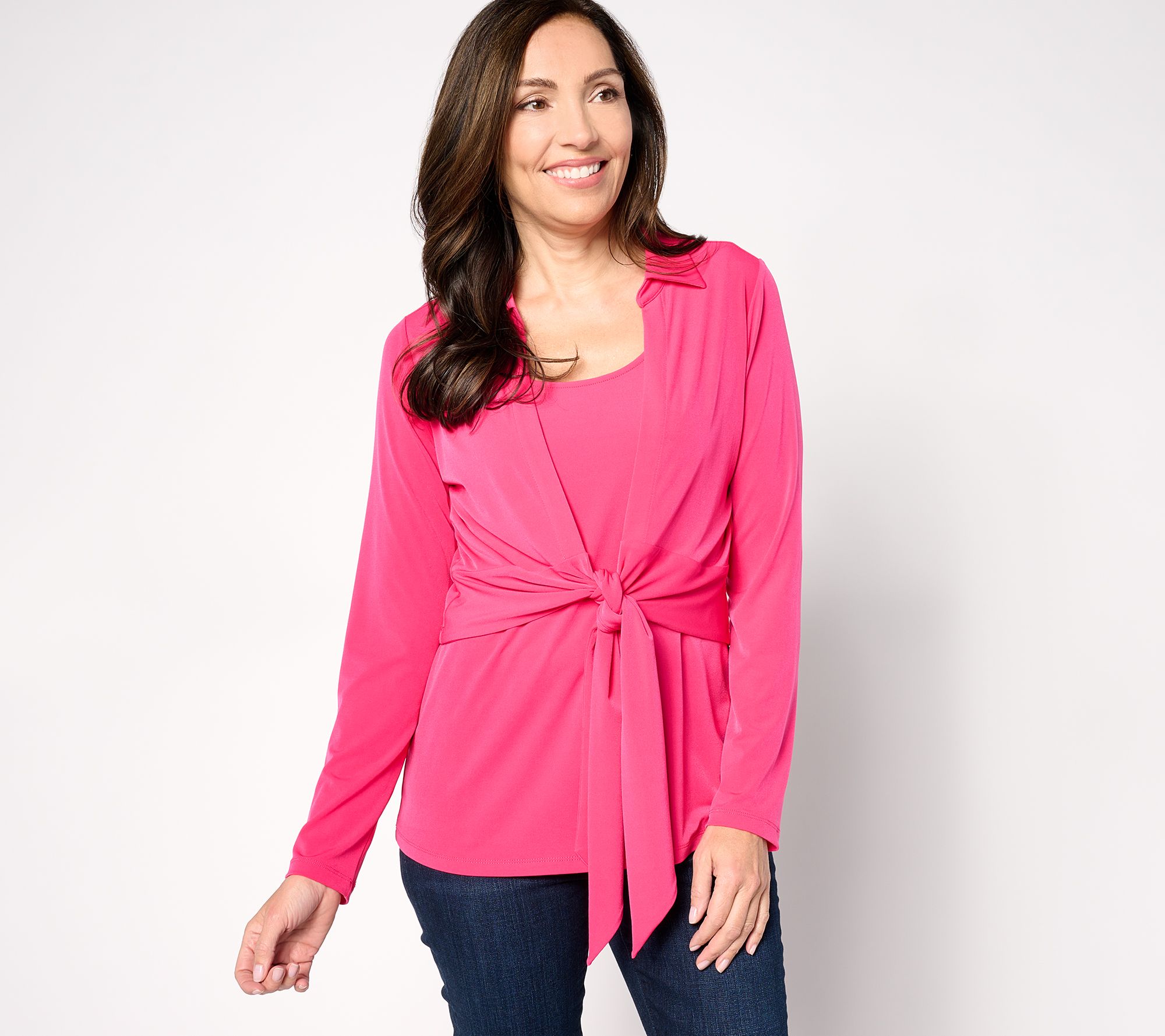 "As Is" Susan Graver Passport Liquid Knit Long Sleeve Tie Front Shrug Set