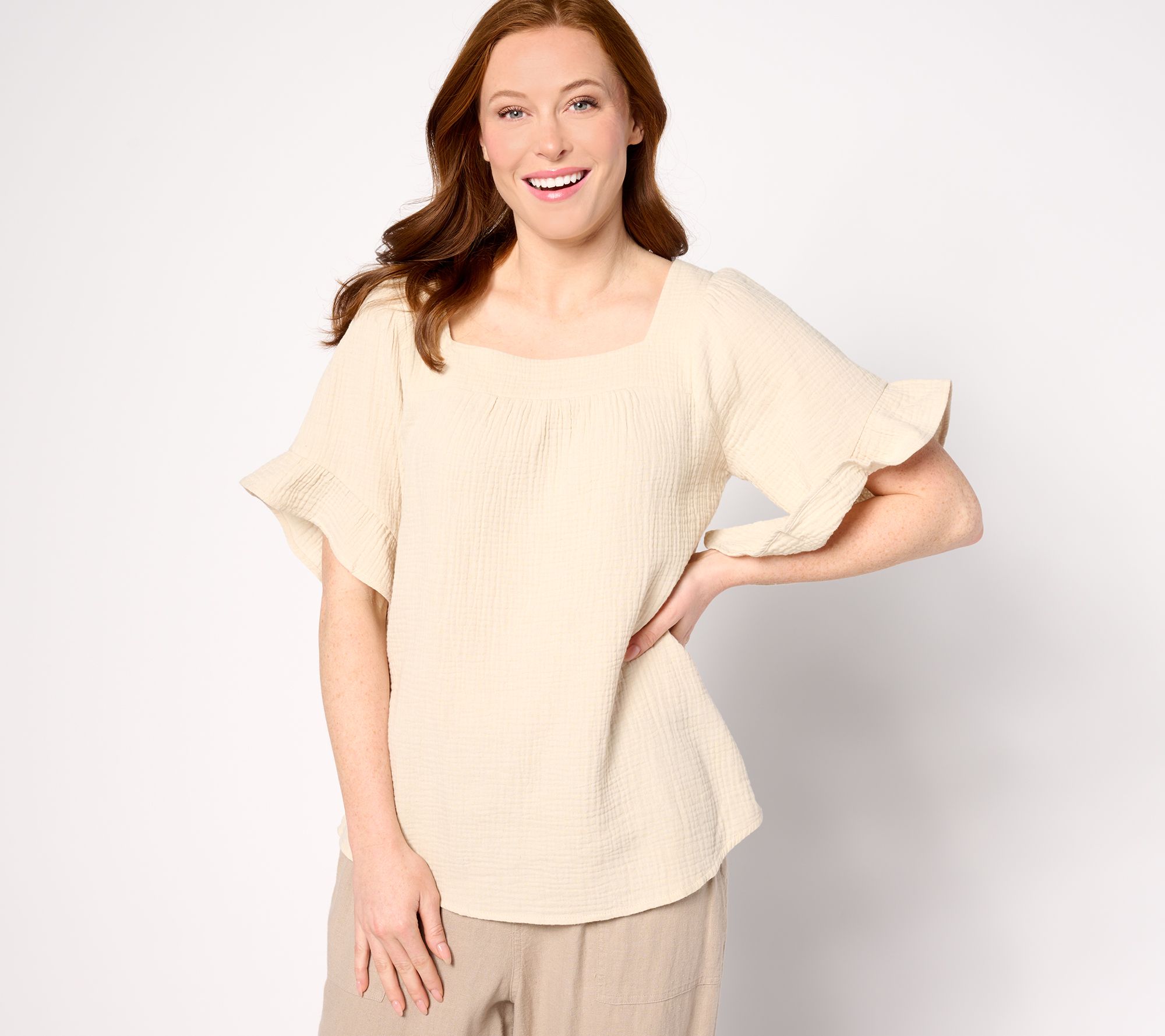 "As Is" Belle Beach by Kim Gravel Gauze Square Neck Ruffle Top