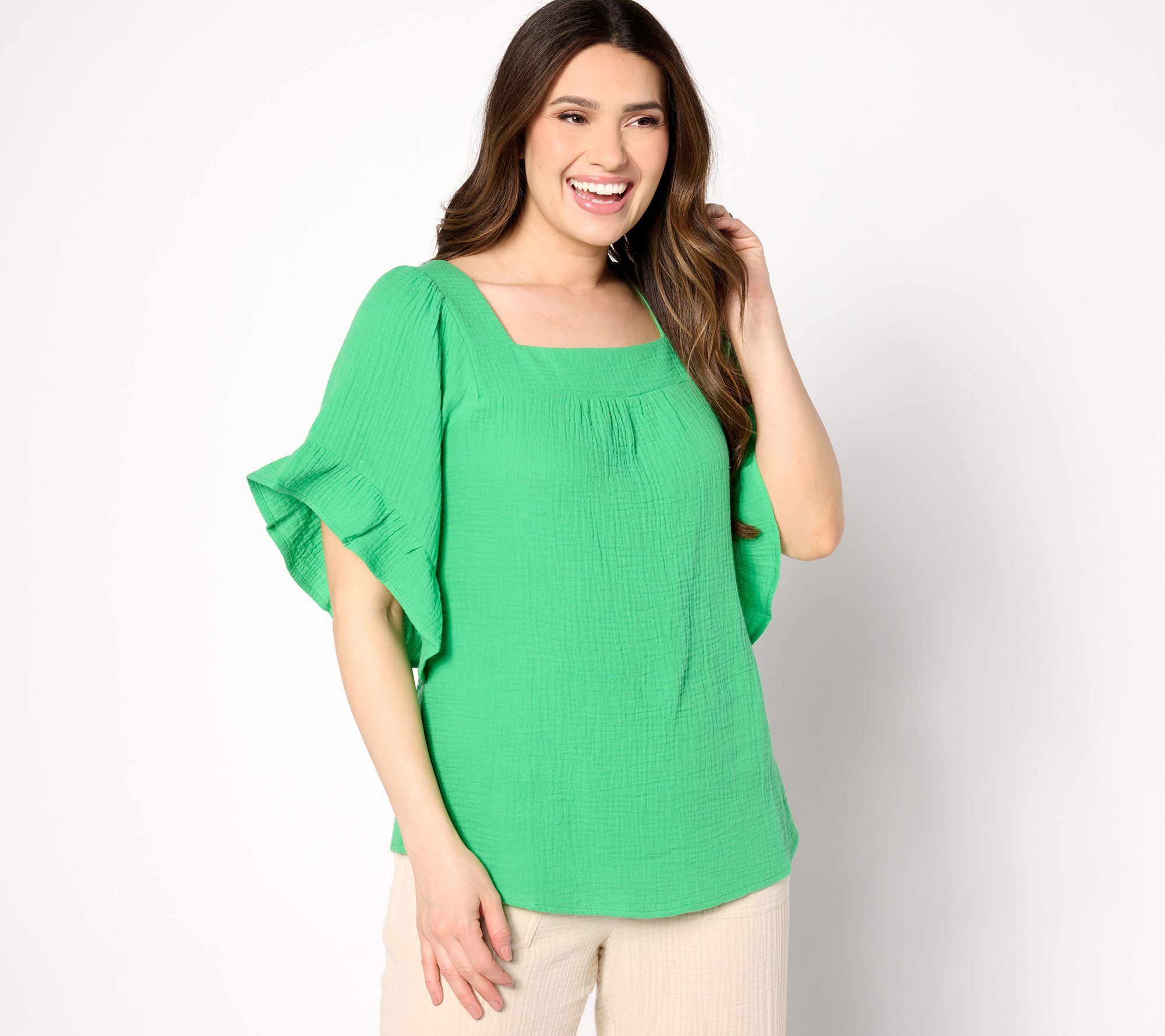 "As Is" Belle Beach by Kim Gravel Gauze Square Neck Ruffle Top
