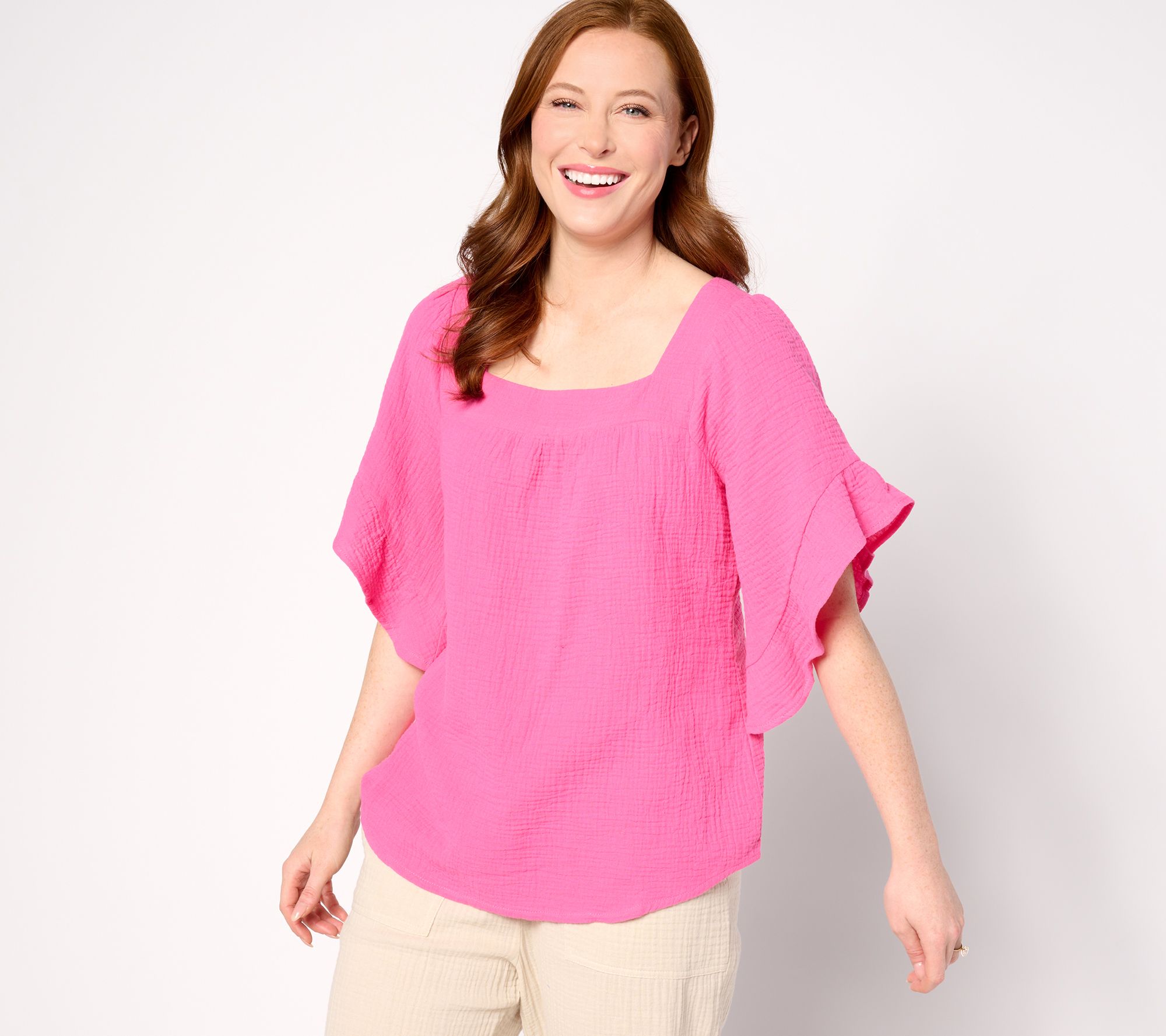 "As Is" Belle Beach by Kim Gravel Gauze Square Neck Ruffle Top