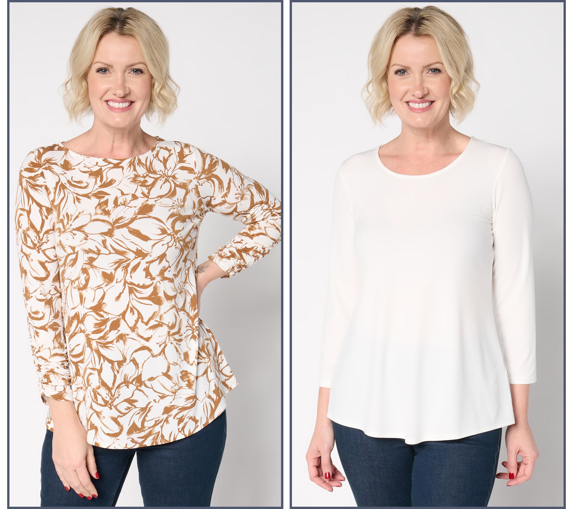 Susan Graver Petite Liquid Knit Set of 2 Print & Solid Tops